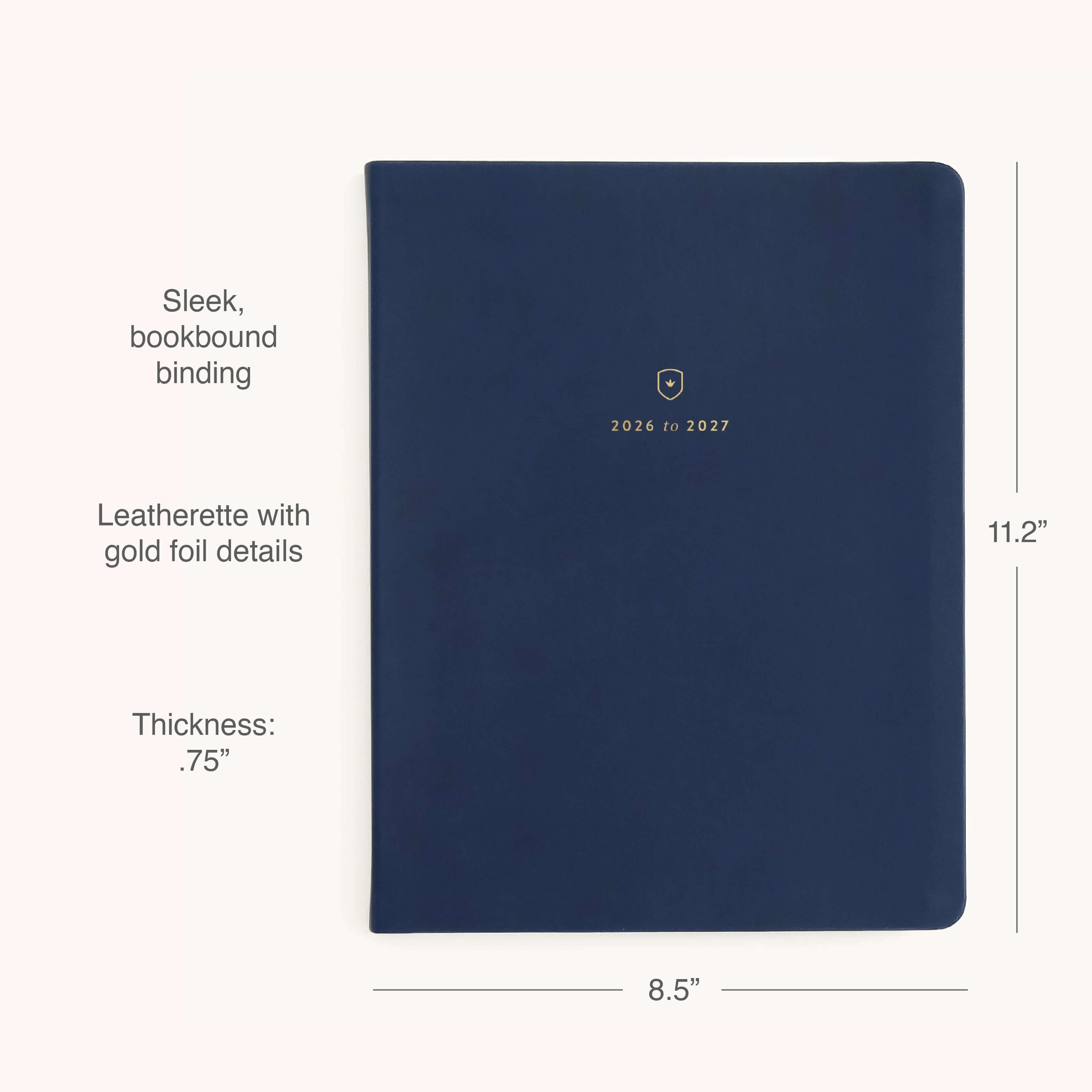 The Simplified 2026-2027 Bookbound Weekly Dapperdesk Planner in Navy features a navy leatherette cover with gold foil “2026 to 2027”, measures 11.2 x 8.5 x 0.75, and boasts a sleek bookbound binding for modern organization.