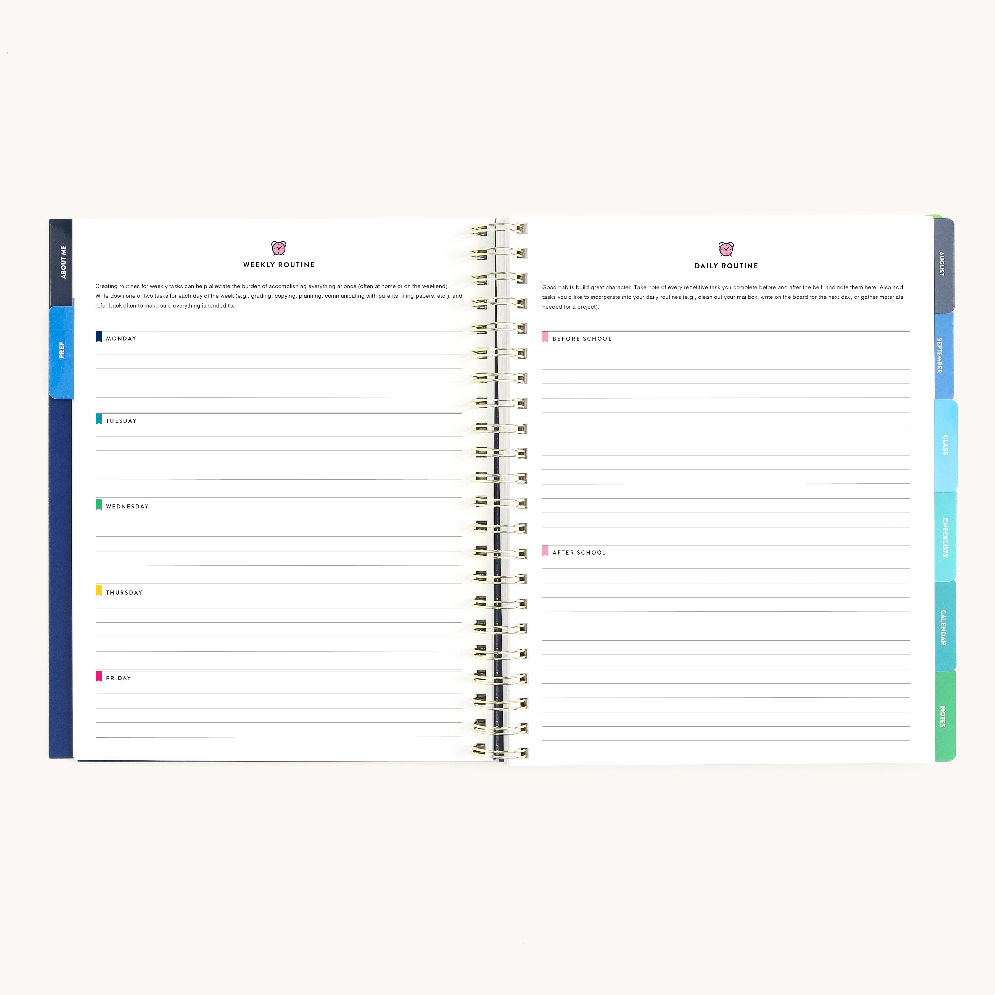 Teacher planner open to weekly routine spread