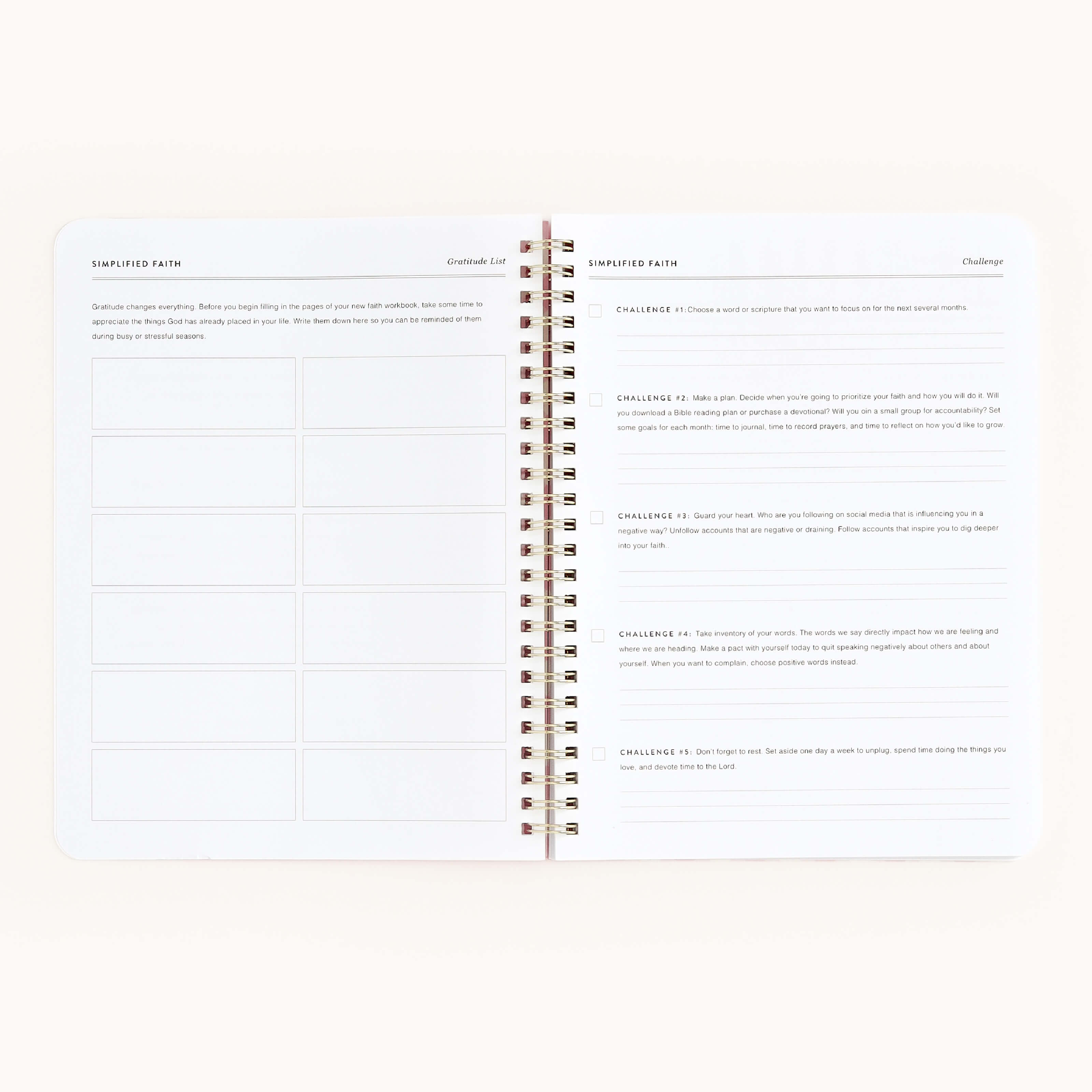 The Simplified Workbook - Faith is open to a “Gratitude List” for growth and change, showing blank boxes on the left and six written challenges with checkboxes and plans on the right, all set against a white background.