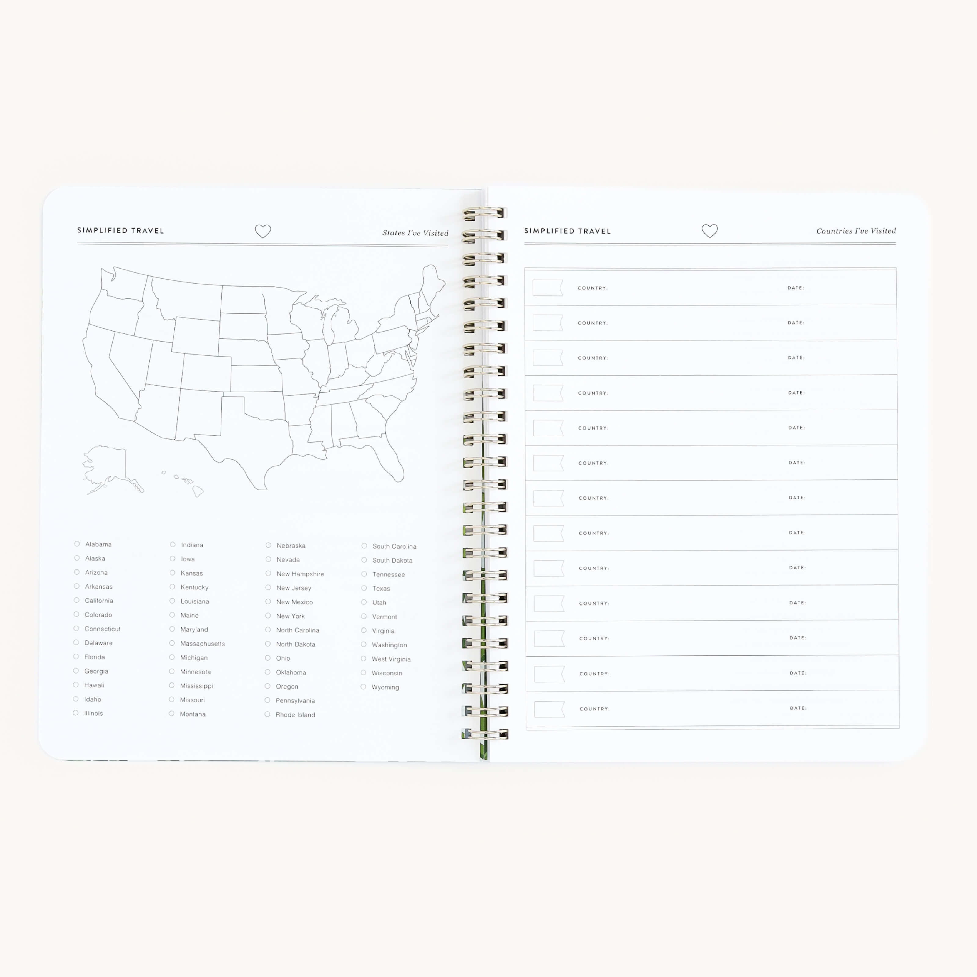The Simplified Workbook - Travel Planning is an open spiral-bound planner with a US map and state checklists on the left page, while the right page has blank lines labeled Date for your travel itineraries.