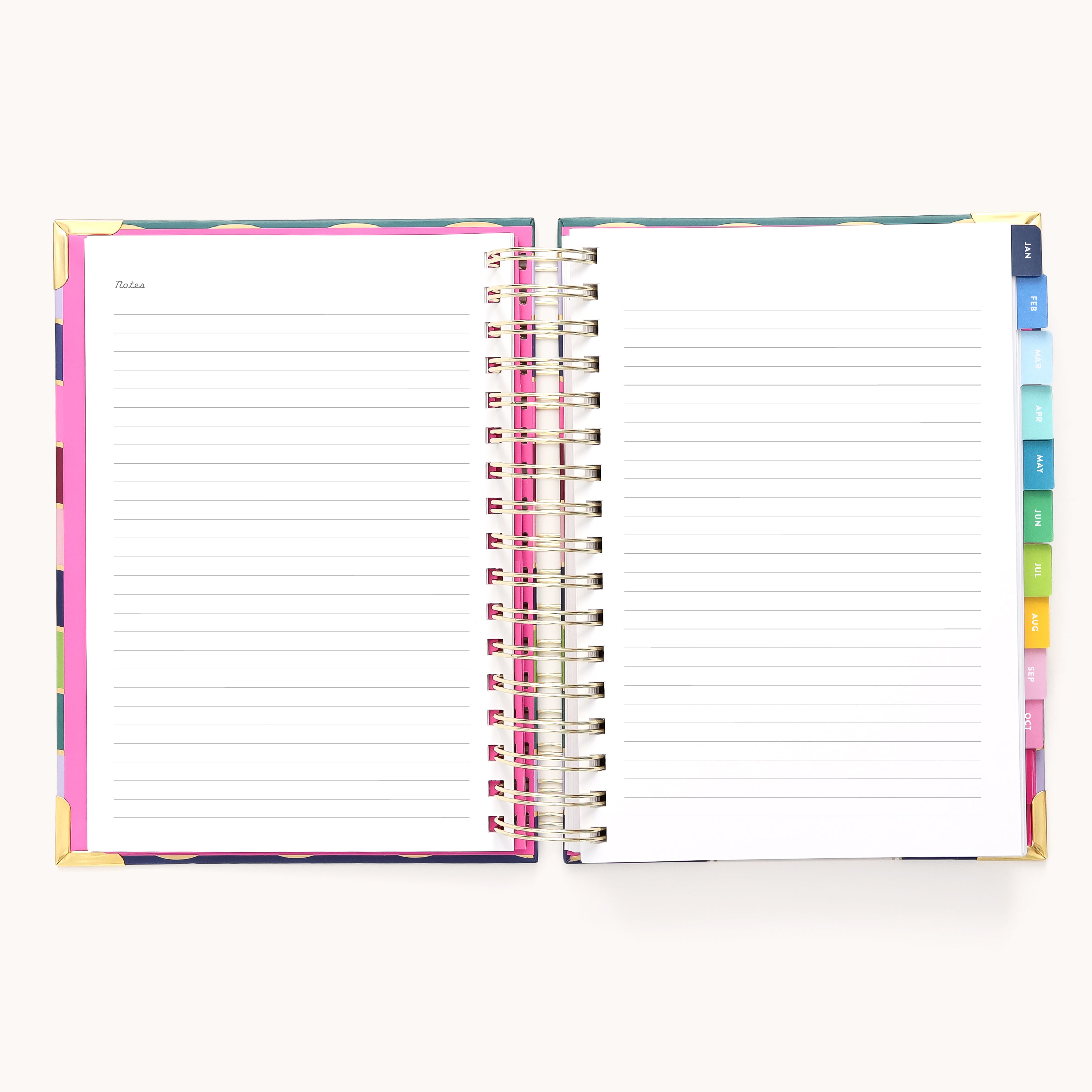 The Simplified 2026 Spiral Daily Simplified Planner - Rainbow Row features a colorful cover, monthly tabs, lined pages, and a Notes section—perfect for organizing your year as a stylish 12-month planner.