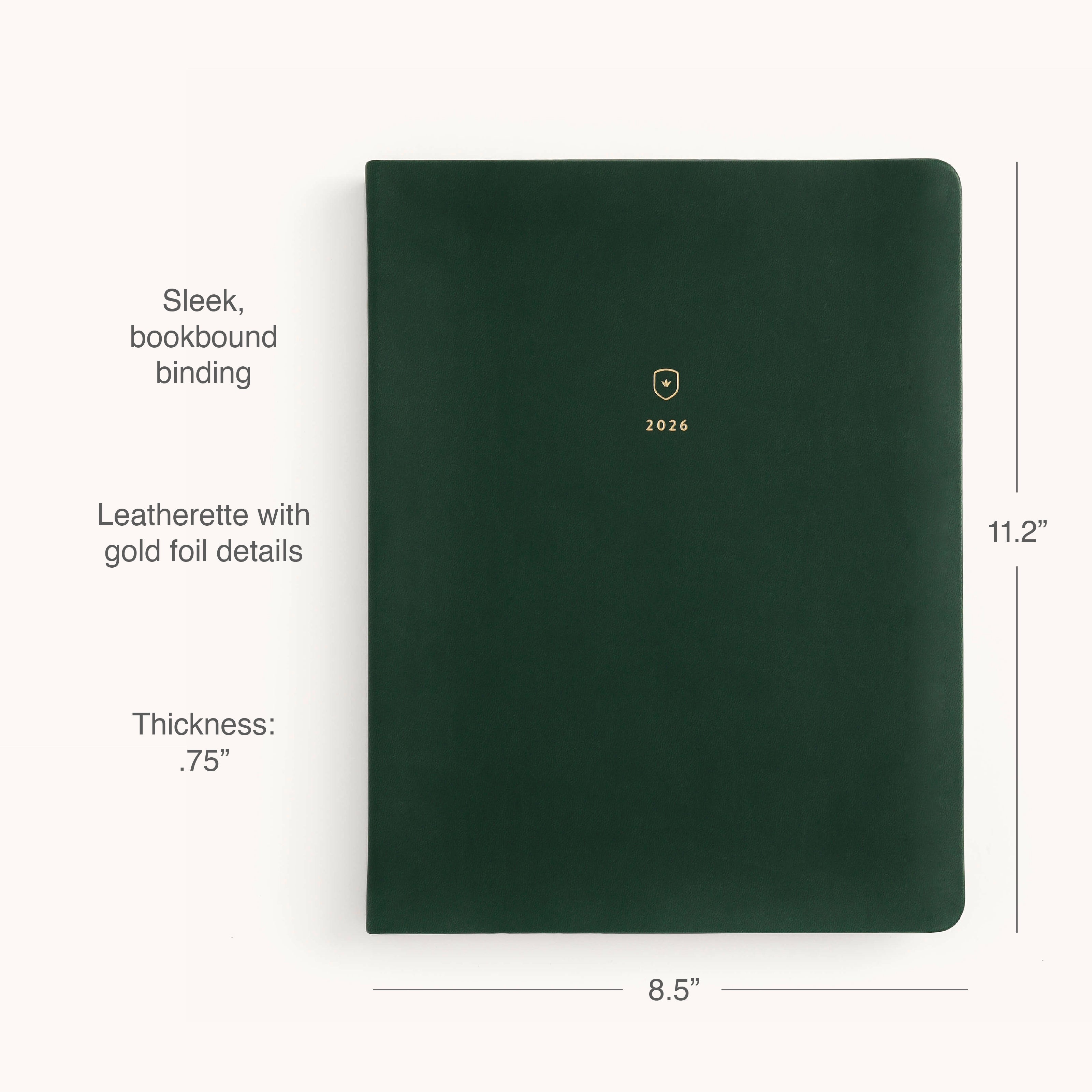 The Simplified 2026 Bookbound Weekly Dapperdesk Planner in Evergreen features a dark green leatherette cover with gold foil “2026”, measures 11.2 x 8.5 x 0.75, and boasts a sleek bookbound binding for modern organization.