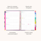 The 2026 Spiral Weekly Simplified Planner - Rainbow Row by Simplified features lined pages for schedules, to-dos, notes, and meals. Colorful mylar tabs, a simple color scheme, and sturdy paper prevent ghosting. Labels highlight key features.