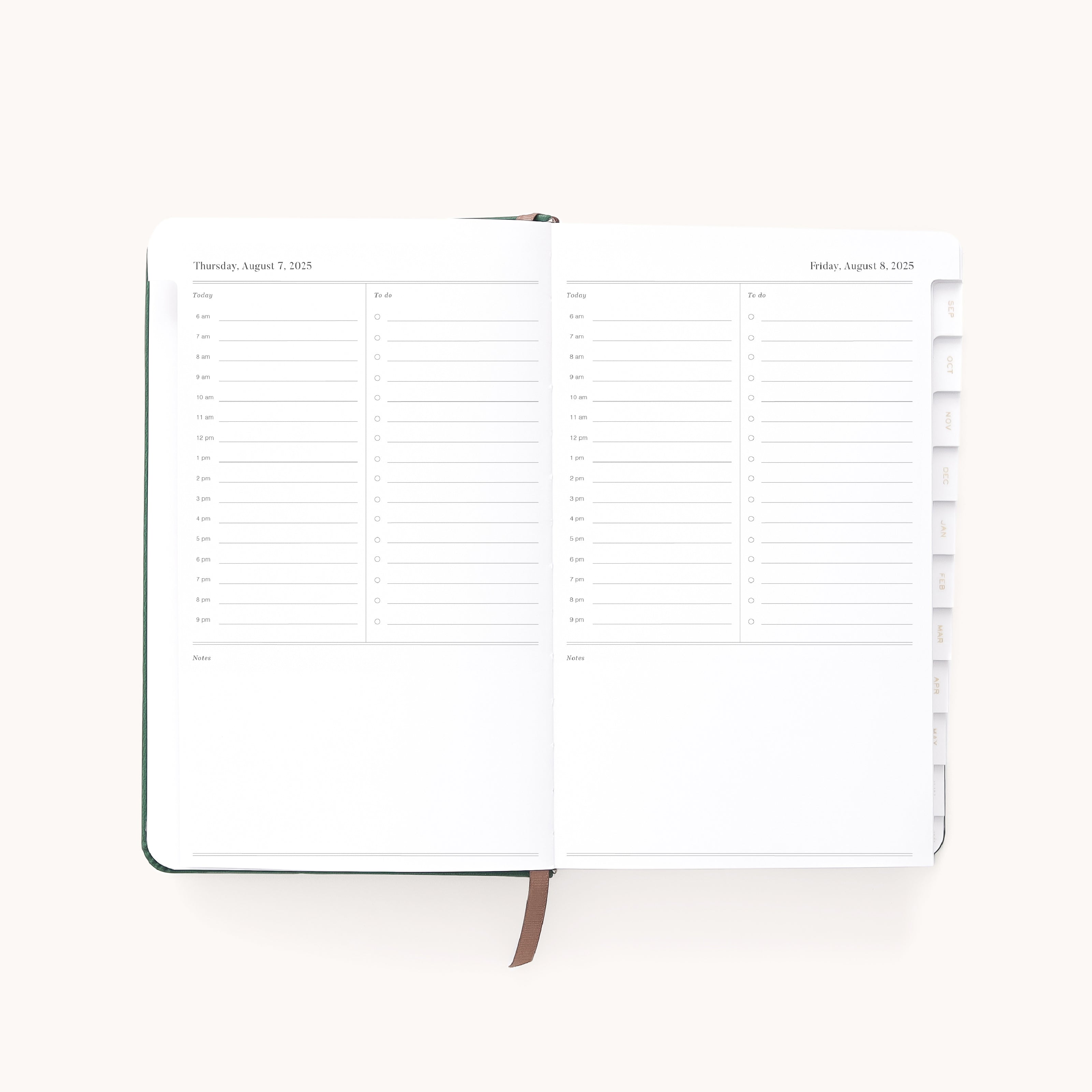 The 2025-2026 Bookbound Daily Dapperdesk Planner - Evergreen by Simplified showcases a two-page spread for August 8 and 9, 2025, with vertical hourly lists from 7 AM to 9 PM and lined spaces for notes. It features a durable bookbound cover and visible tabs on the right edge for easy navigation.