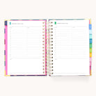 The 2025-2026 Spiral Daily Simplified Planner - Rainbow Row from Simplified features vibrant spiral-bound pages, colorful tabs, and a multicolored abstract cover with gold foil details, showcasing time slots from 7 AM to 9 PM for Wednesday & Thursday, August 5-7, 2023.
