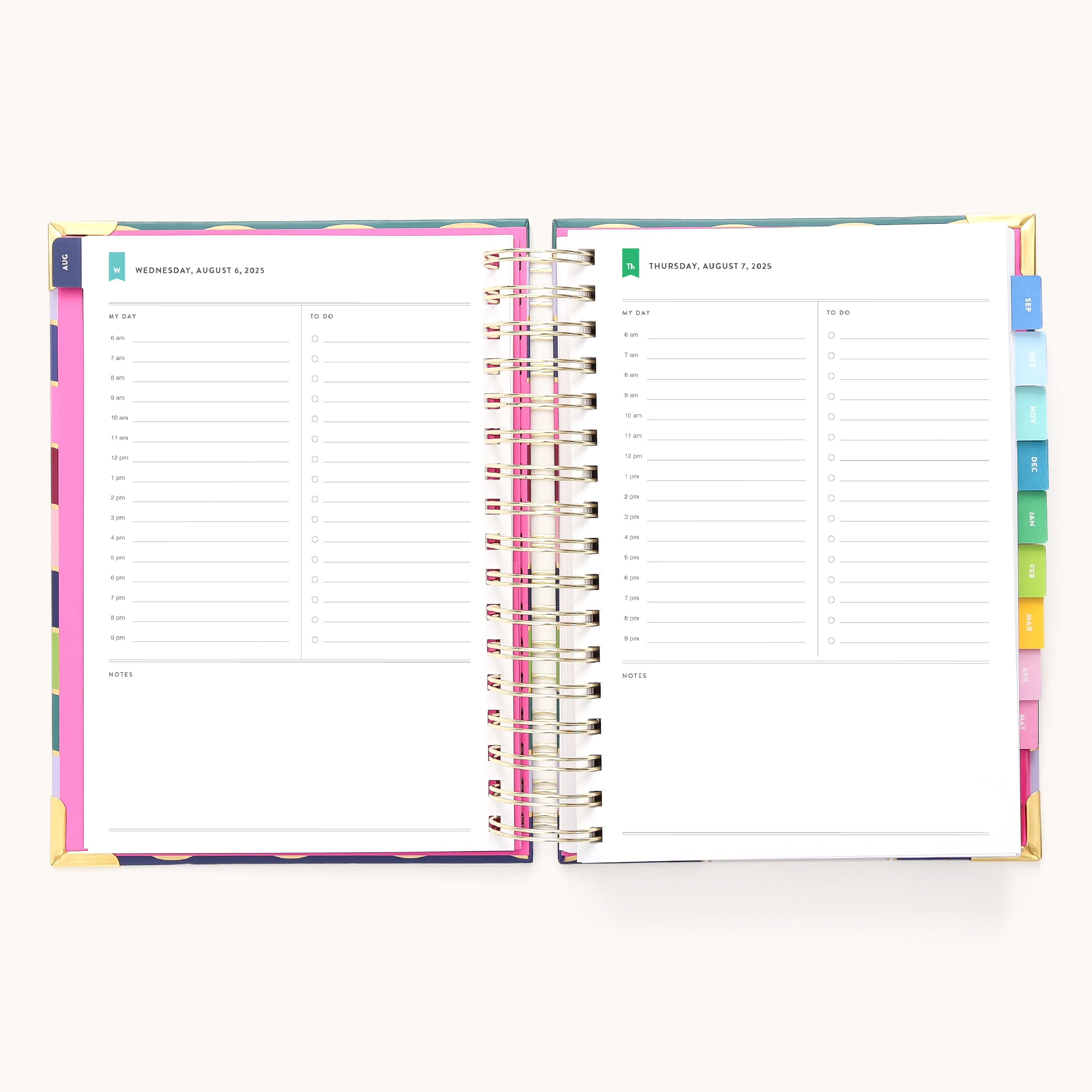 The 2025-2026 Spiral Daily Simplified Planner - Rainbow Row from Simplified features vibrant spiral-bound pages, colorful tabs, and a multicolored abstract cover with gold foil details, showcasing time slots from 7 AM to 9 PM for Wednesday & Thursday, August 5-7, 2023.
