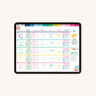 A 2025-2026 Digital Teacher Planner by Simplified is shown on an iPad, featuring a vibrant PDF with handwritten sections for days, subjects, and tasks—each row in different colors, plus decorative illustrations and virtual sticky notes.
