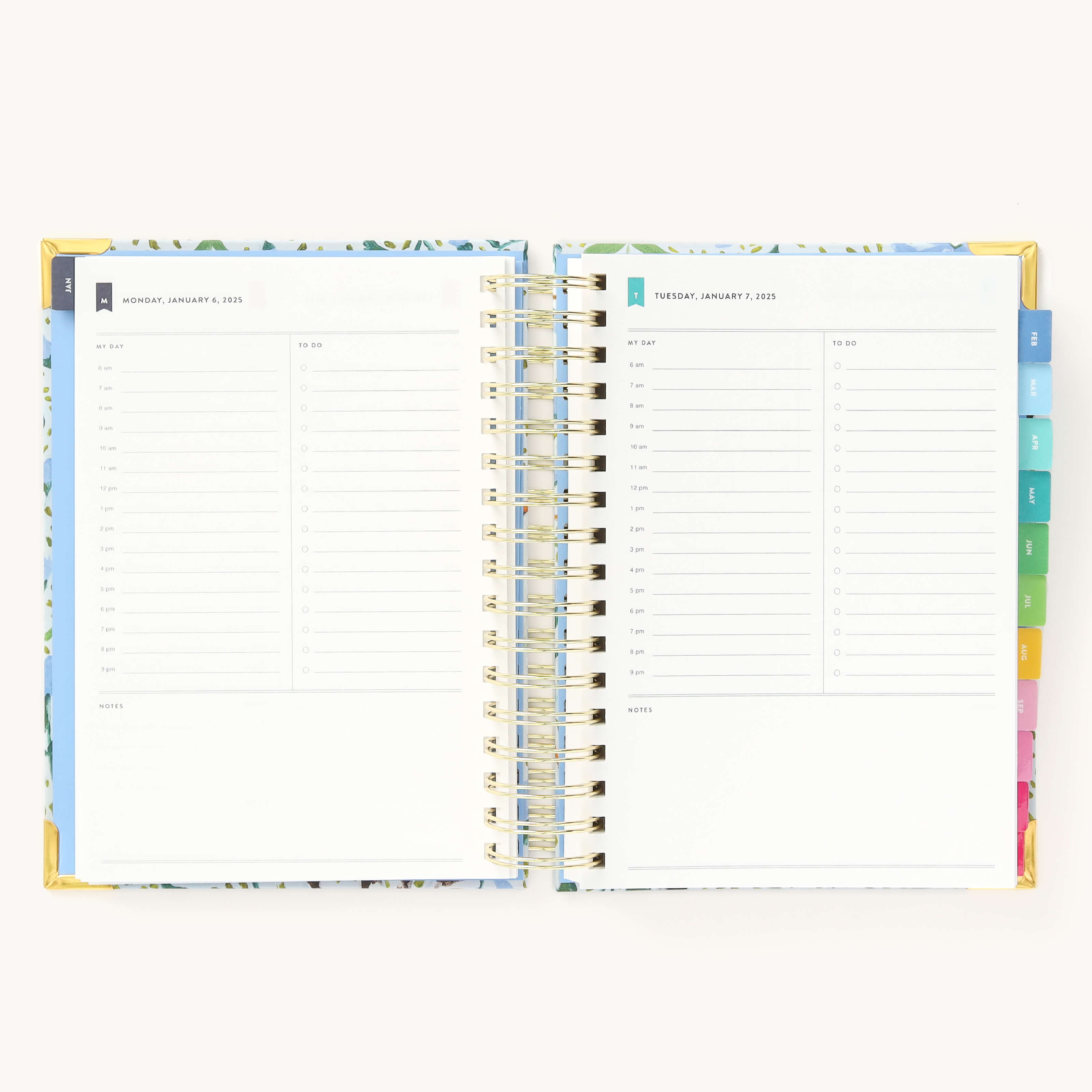 2025 Daily Simplified Planner by Emily Ley in the Beaufort Birdies cover design open to a two-page daily spread featuring Monday and Tuesday. Features a clean, minimalistic design with lined sections for daily tasks, to-do lists, and notes. Includes color-coded weekday labels, durable spiral binding, and gold corner protectors.