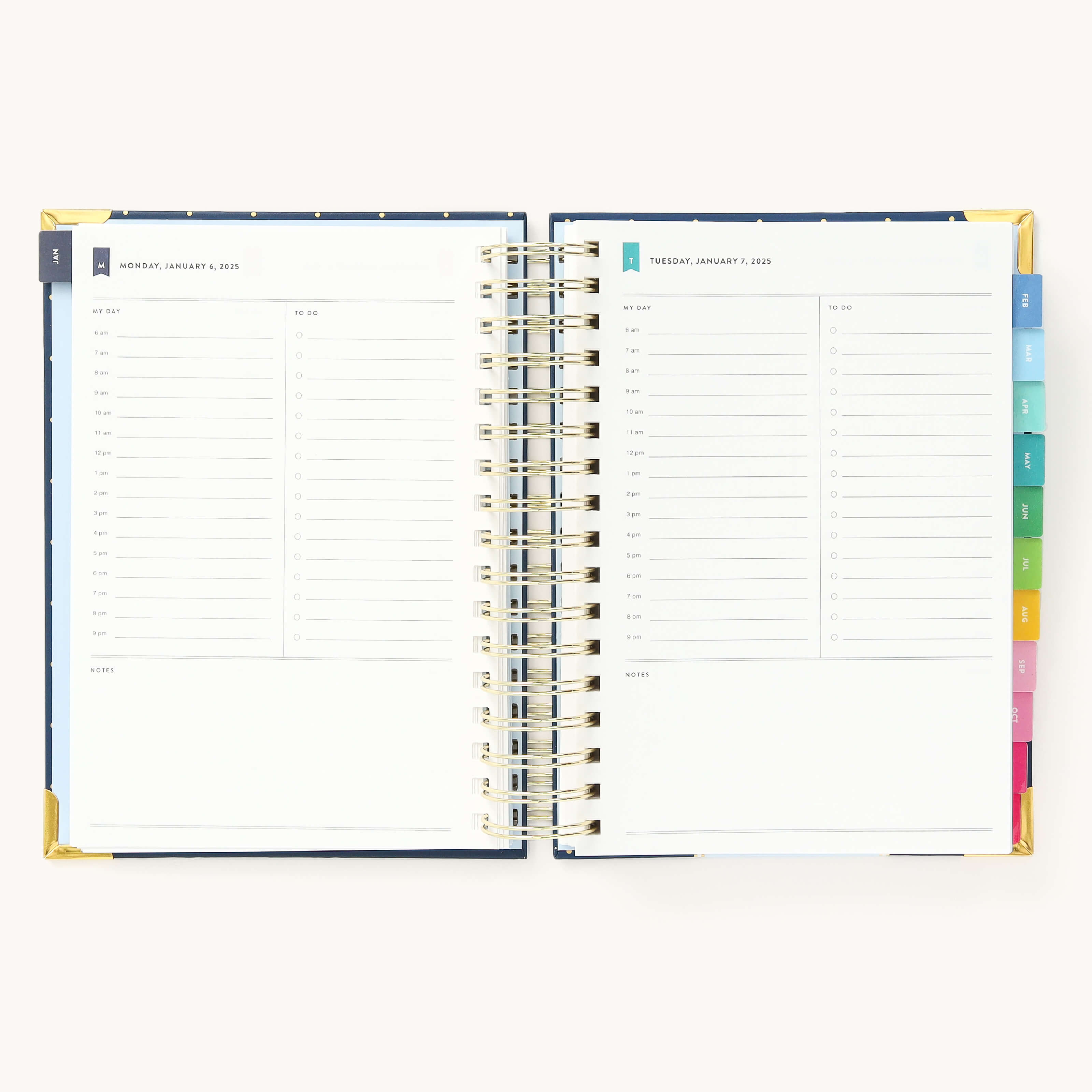 2025 Daily Simplified Planner by Emily Ley in the Dainty Dot cover design open to a two-page daily spread featuring Monday and Tuesday. Features a clean, minimalistic design with lined sections for daily tasks, to-do lists, and notes. Includes color-coded weekday labels, durable spiral binding, and gold corner protectors.