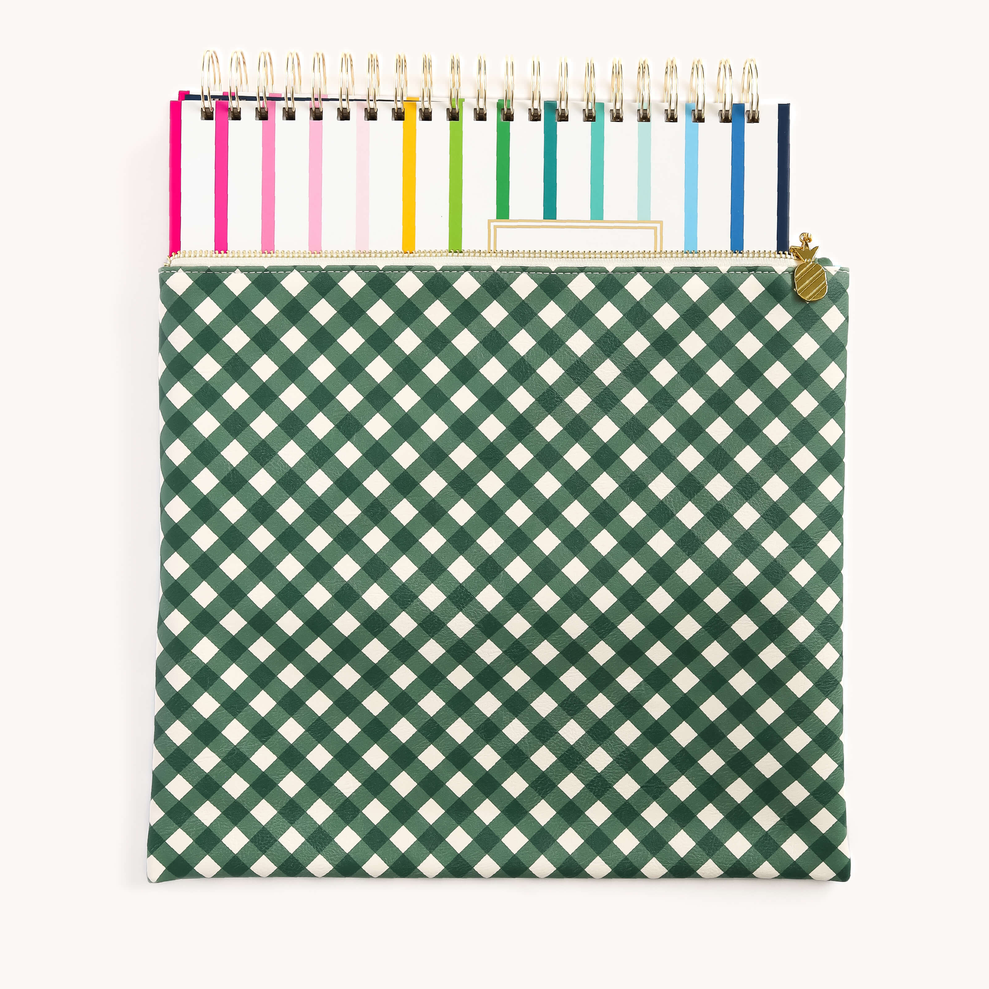 The Planner Pouch - Camp Gingham by Simplified is a stylish green and white checkered storage solution with a leatherette exterior and a zipper, which neatly organizes colorful pink, yellow, and blue spiral notebooks—a true planning essential.