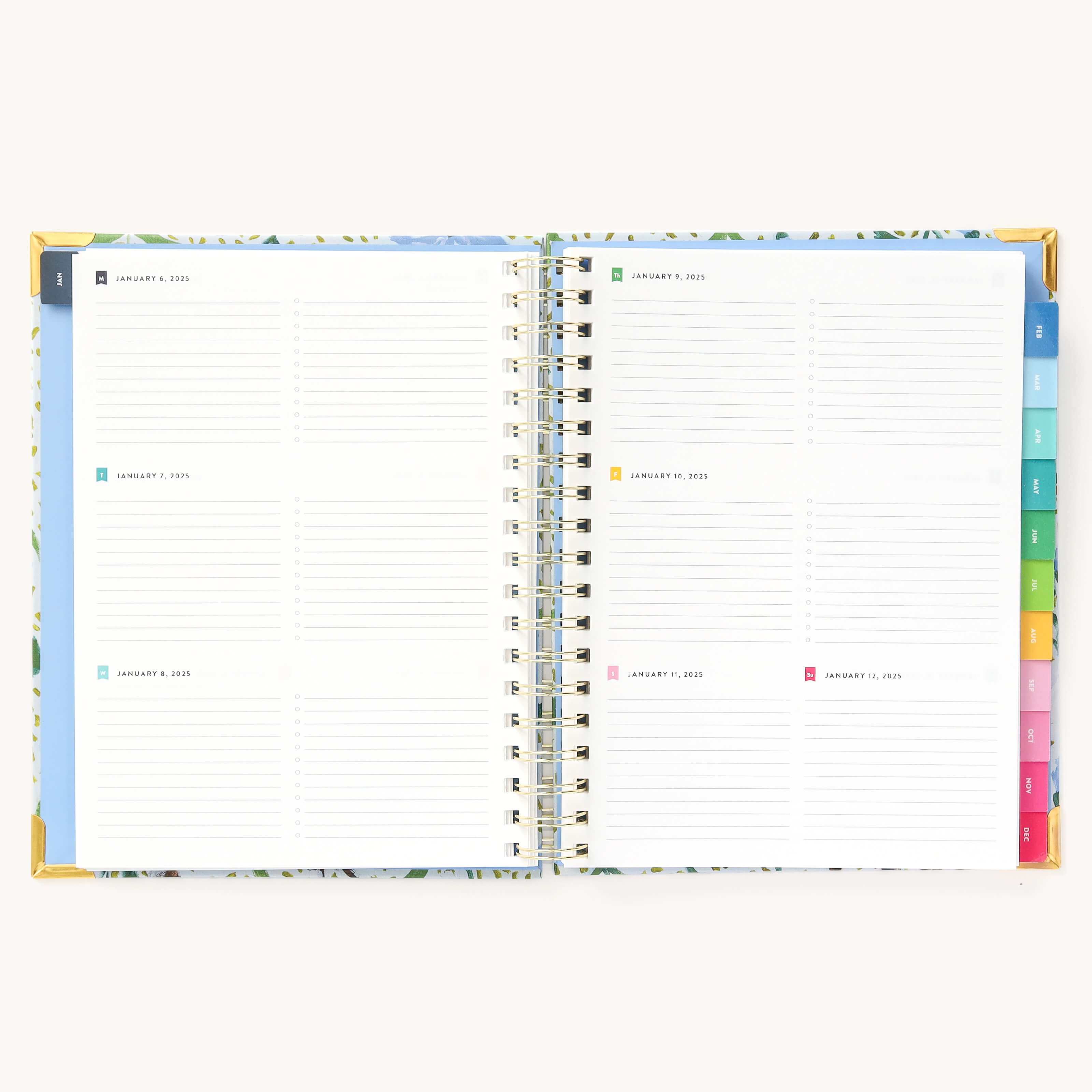 2025 Weekly Simplified Planner by Emily Ley in the Beaufort Birdies cover design open to a two-page weekly spread. Features a clean, minimalistic design with lined sections for daily tasks, to-do lists, and notes. Includes color-coded weekday labels, durable spiral binding, and gold corner protectors.
