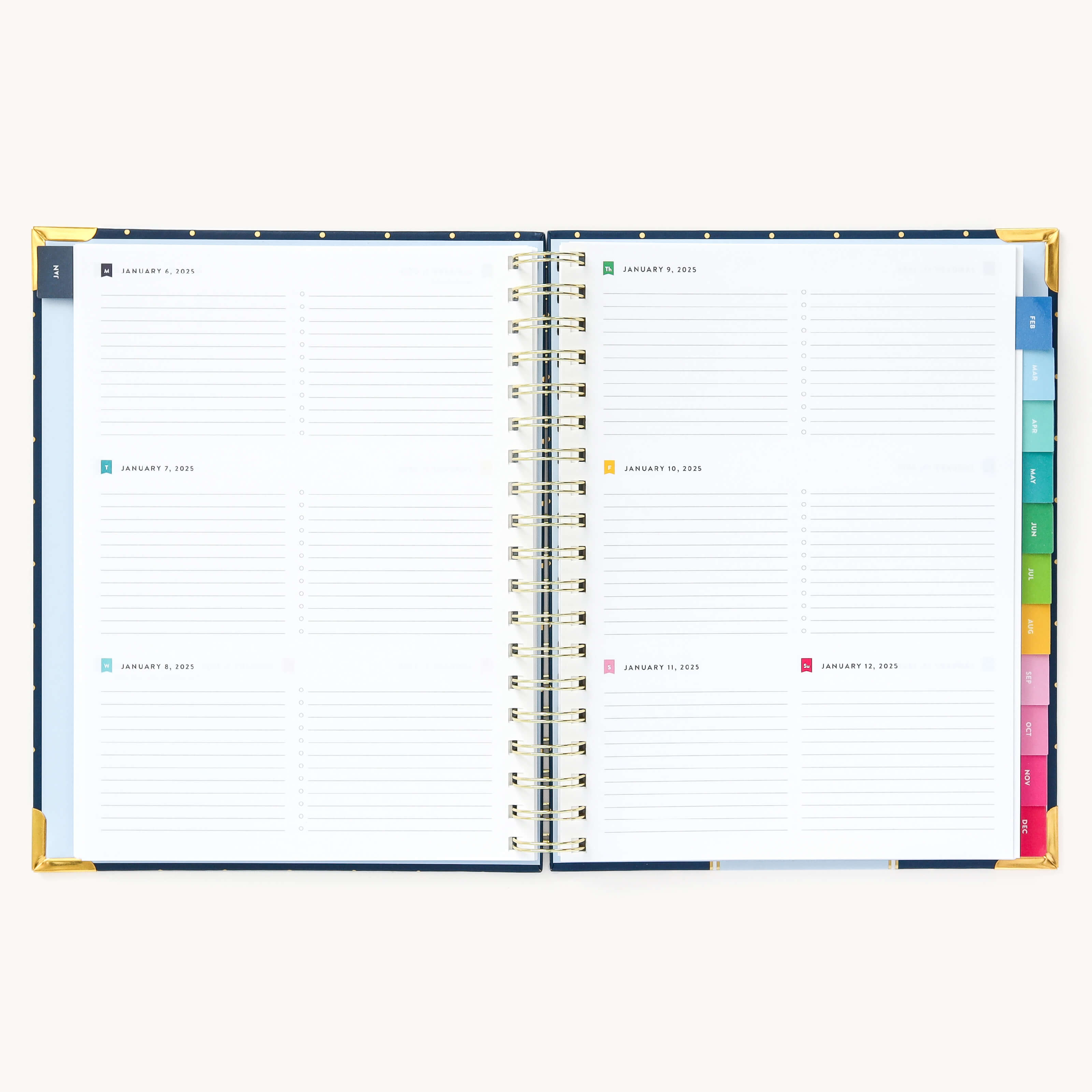 2025 Weekly Simplified Planner by Emily Ley in the Dainty Dot cover design open to a two-page weekly spread. Features a clean, minimalistic design with lined sections for daily tasks, to-do lists, and notes. Includes color-coded weekday labels, durable spiral binding, and gold corner protectors.