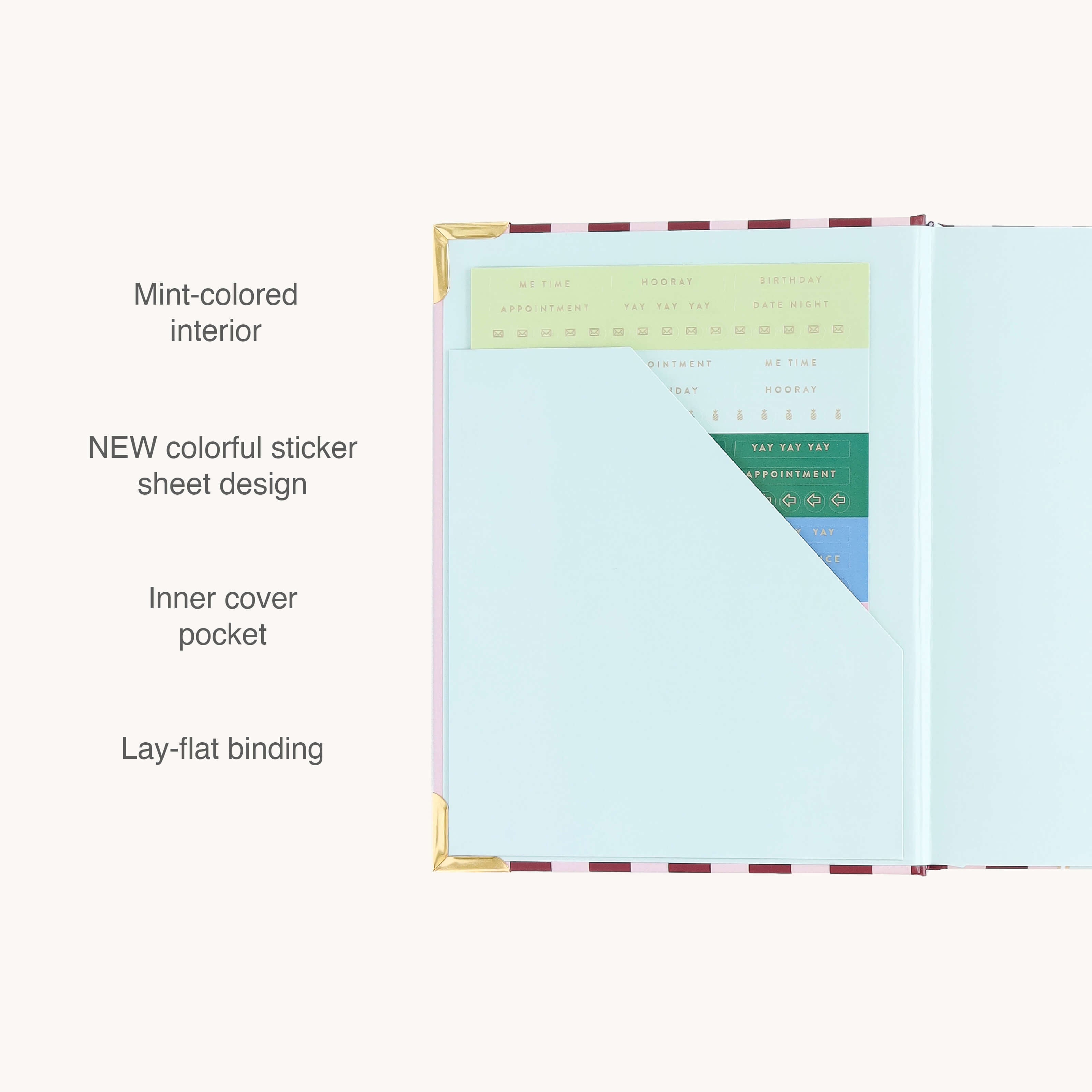The Simplified 2026-2027 Bookbound Weekly Simplified Planner - Berry Stripe features a mint interior, lay-flat binding, an inner pocket with new colorful stickers, and gold corners for an easy-open, cheerful planning experience.