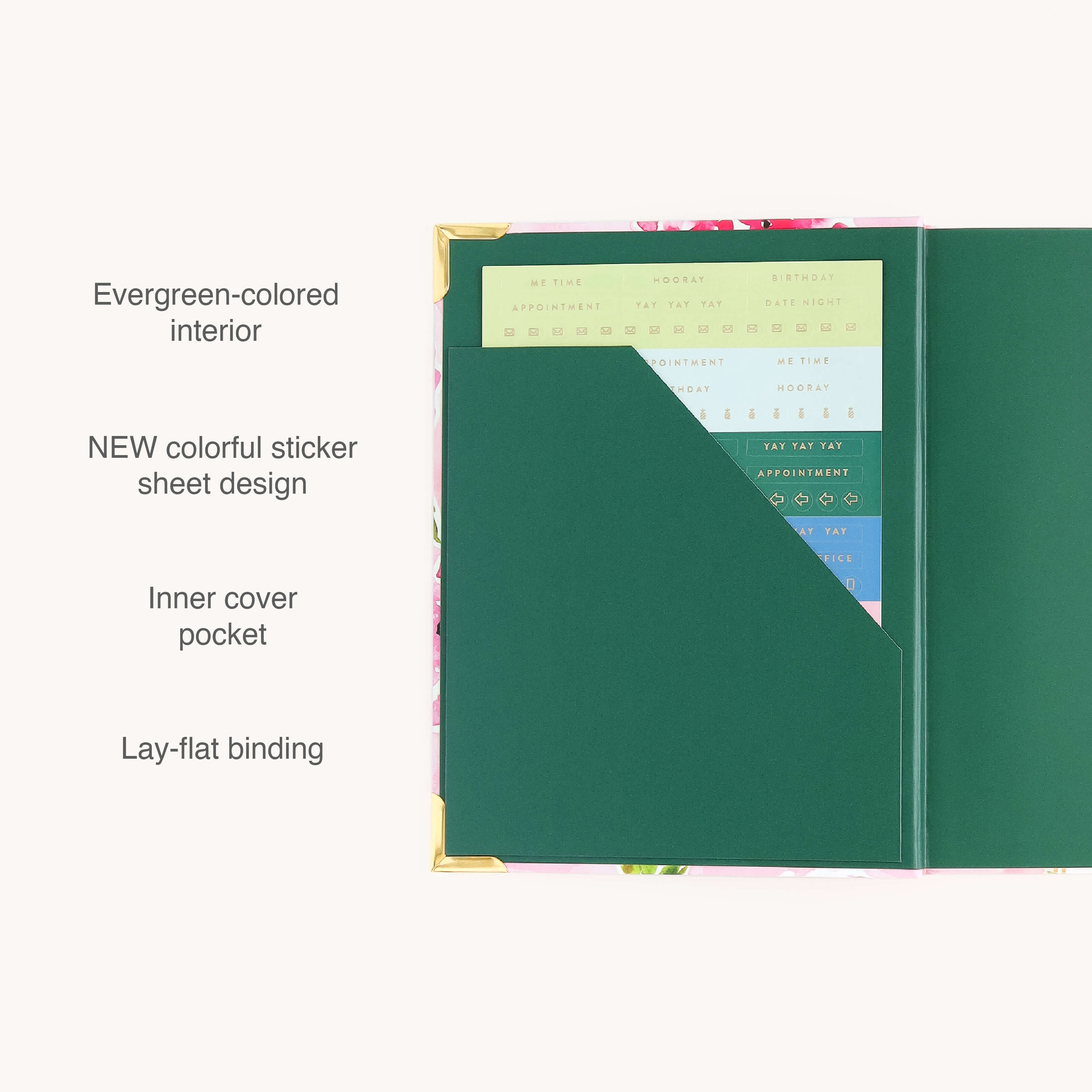 The Simplified 2026-2027 Bookbound Weekly Simplified Planner - Blush Hydrangea features a green interior, lay-flat binding, an inner pocket with new colorful stickers, and gold corners for an easy-open, cheerful planning experience.
