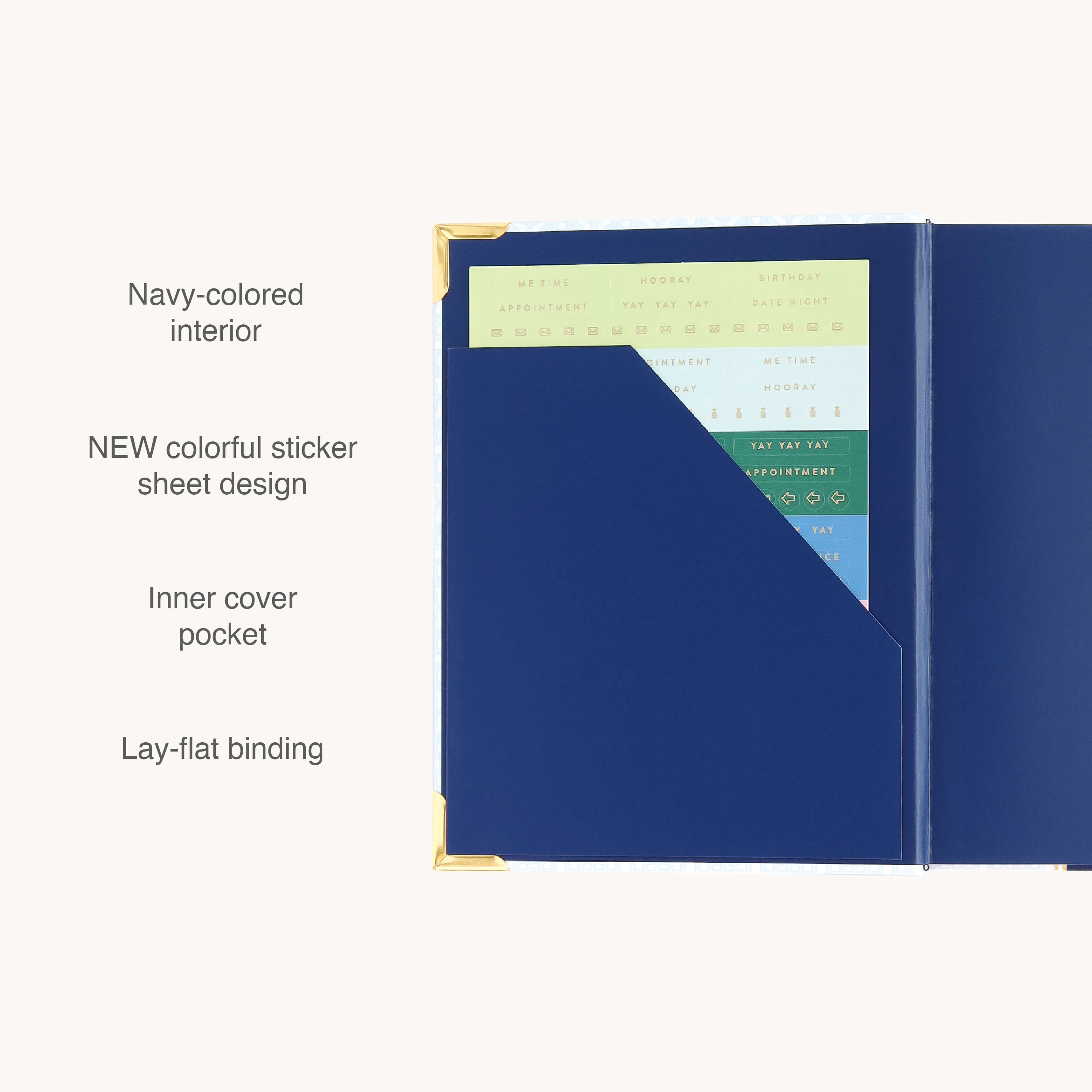 The Simplified 2026-2027 Bookbound Weekly Simplified Planner - Carolina Trellis features a navy interior, lay-flat binding, an inner pocket with new colorful stickers, and gold corners for an easy-open, cheerful planning experience.