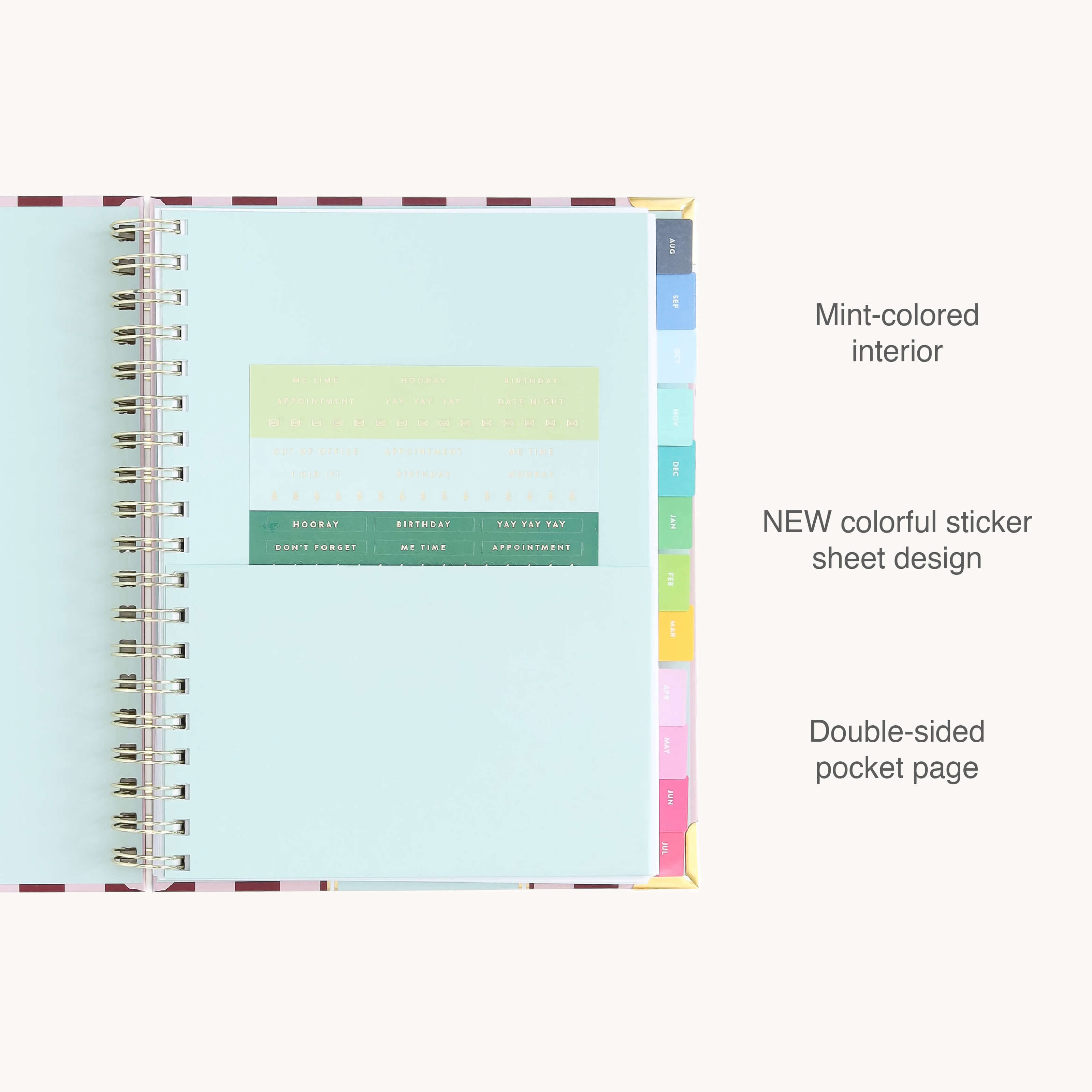 The 2026-2027 Spiral Weekly Simplified Planner - Berry Stripe by Simplified features a mint interior, new colorful sticker sheets in the center pocket, rainbow tab dividers, and a double-sided pocket page.