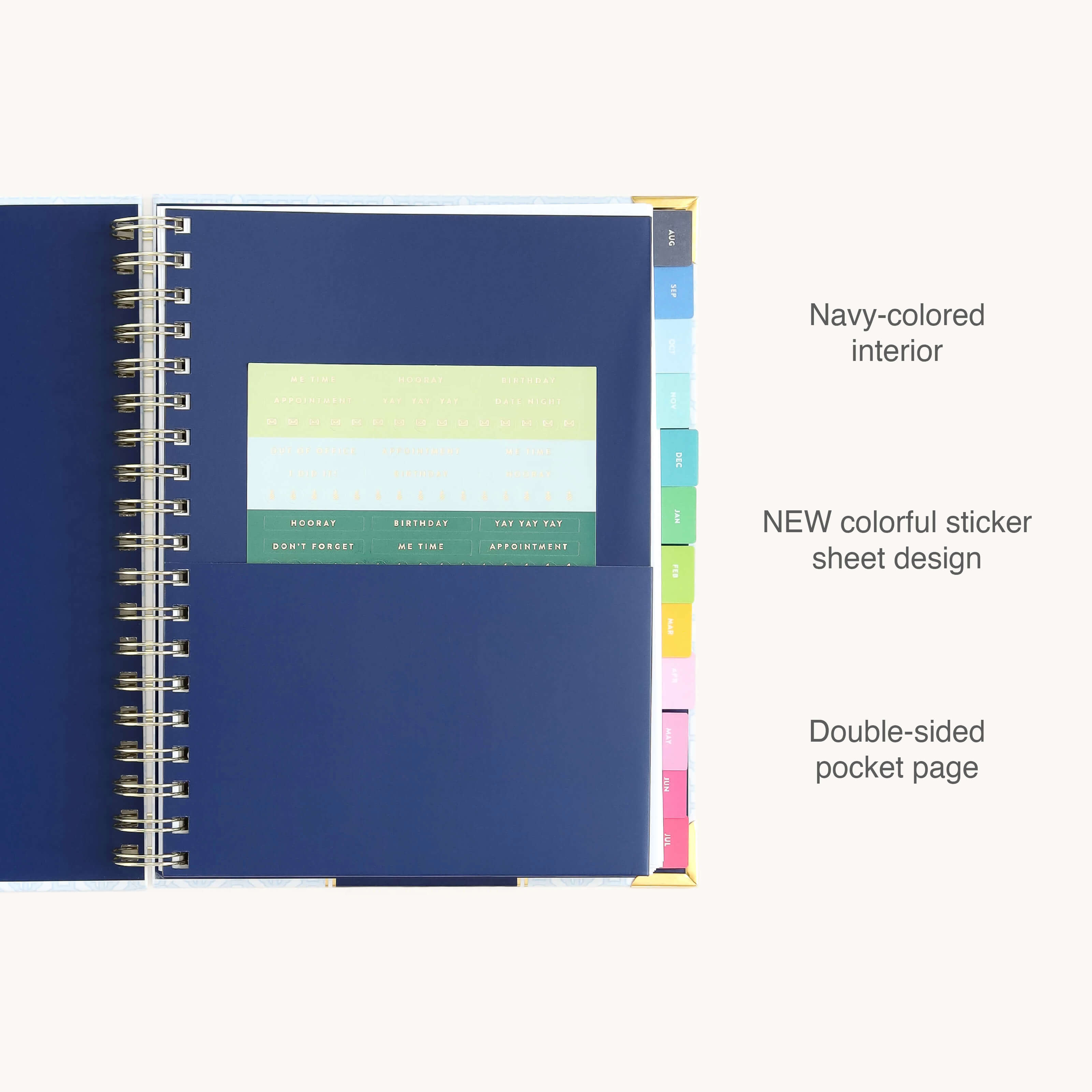 The 2026-2027 Spiral Weekly Simplified Planner - Carolina Trellis by Simplified features a navy interior, new colorful sticker sheets in the center pocket, rainbow tab dividers, and a double-sided pocket page.