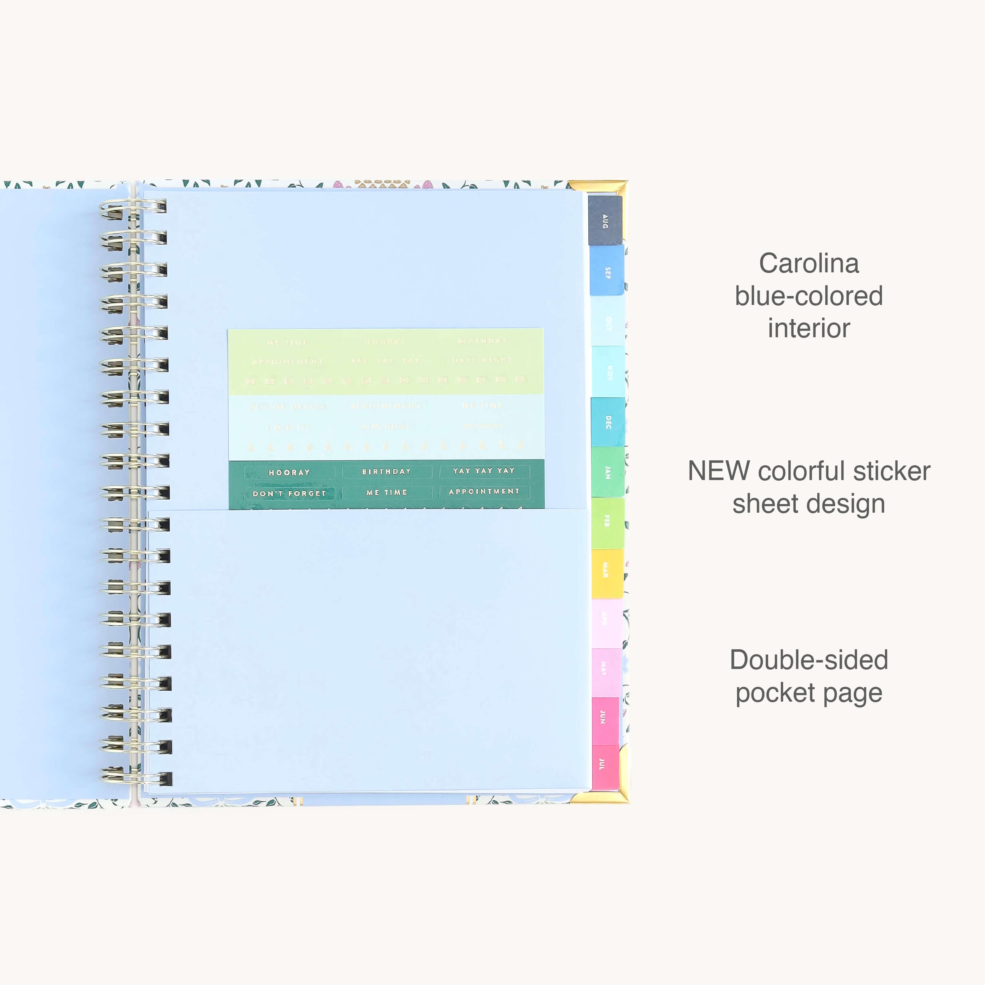 The 2026-2027 Spiral Weekly Simplified Planner - Pineapple Charm by Simplified features a blue interior, new colorful sticker sheets in the center pocket, rainbow tab dividers, and a double-sided pocket page.