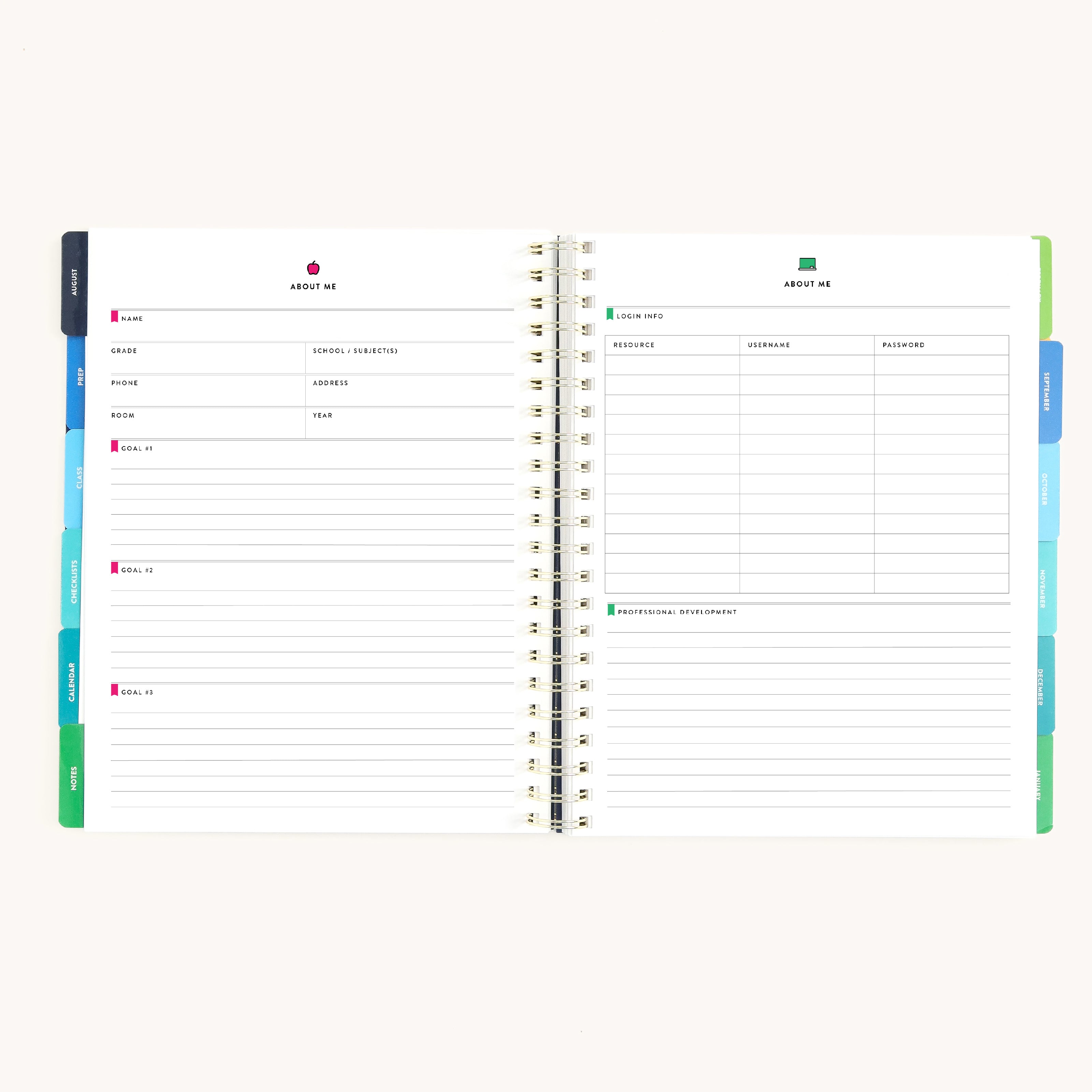 Teacher planner open to about me pages