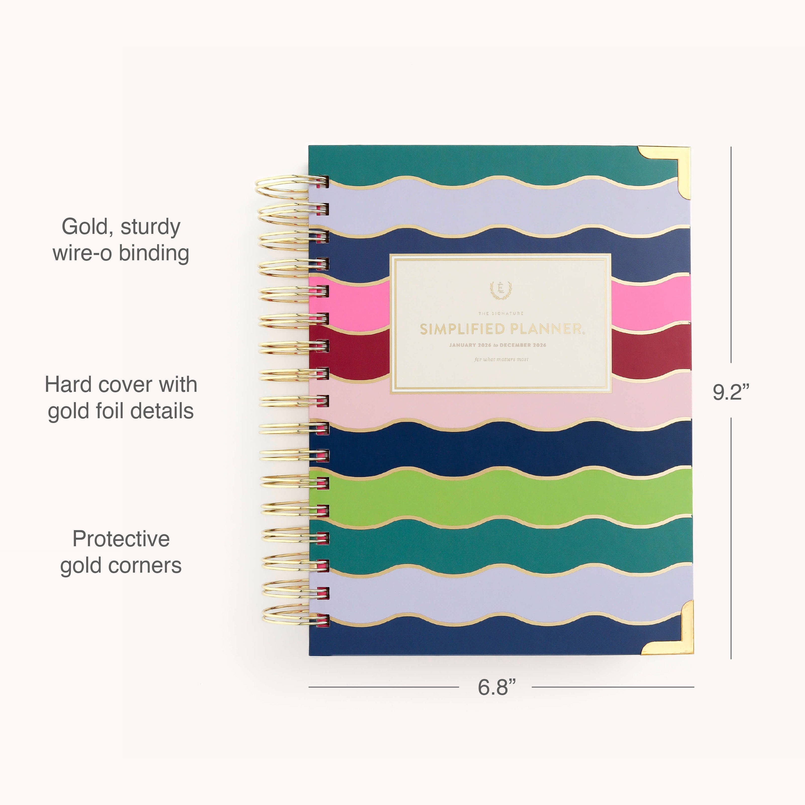 The 2026 Spiral Daily Simplified Planner - Rainbow Row by Simplified features wavy stripes, gold wire binding, gold foil accents, and protective corners. This stylish 12-month planner measures 9.2 x 6.8 for easy daily organization.