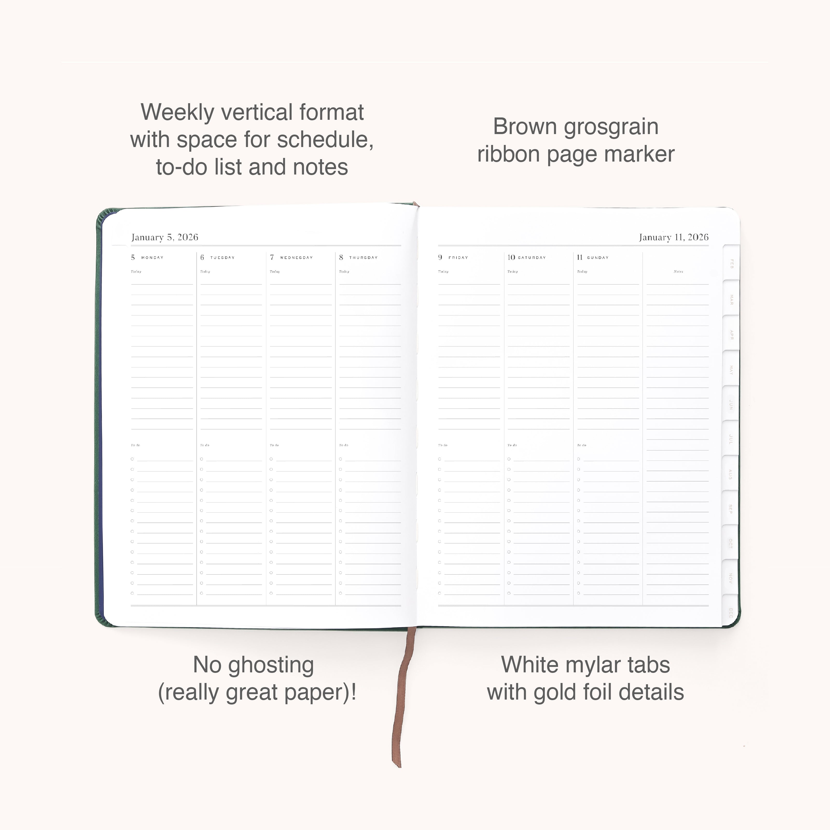 The Simplified 2026 Bookbound Weekly Dapperdesk Planner in Evergreen features a leatherette cover, vertical layout, brown grosgrain ribbon, white mylar tabs with gold foil, and offers dedicated space for schedules, to-do lists, notes, and no paper ghosting.