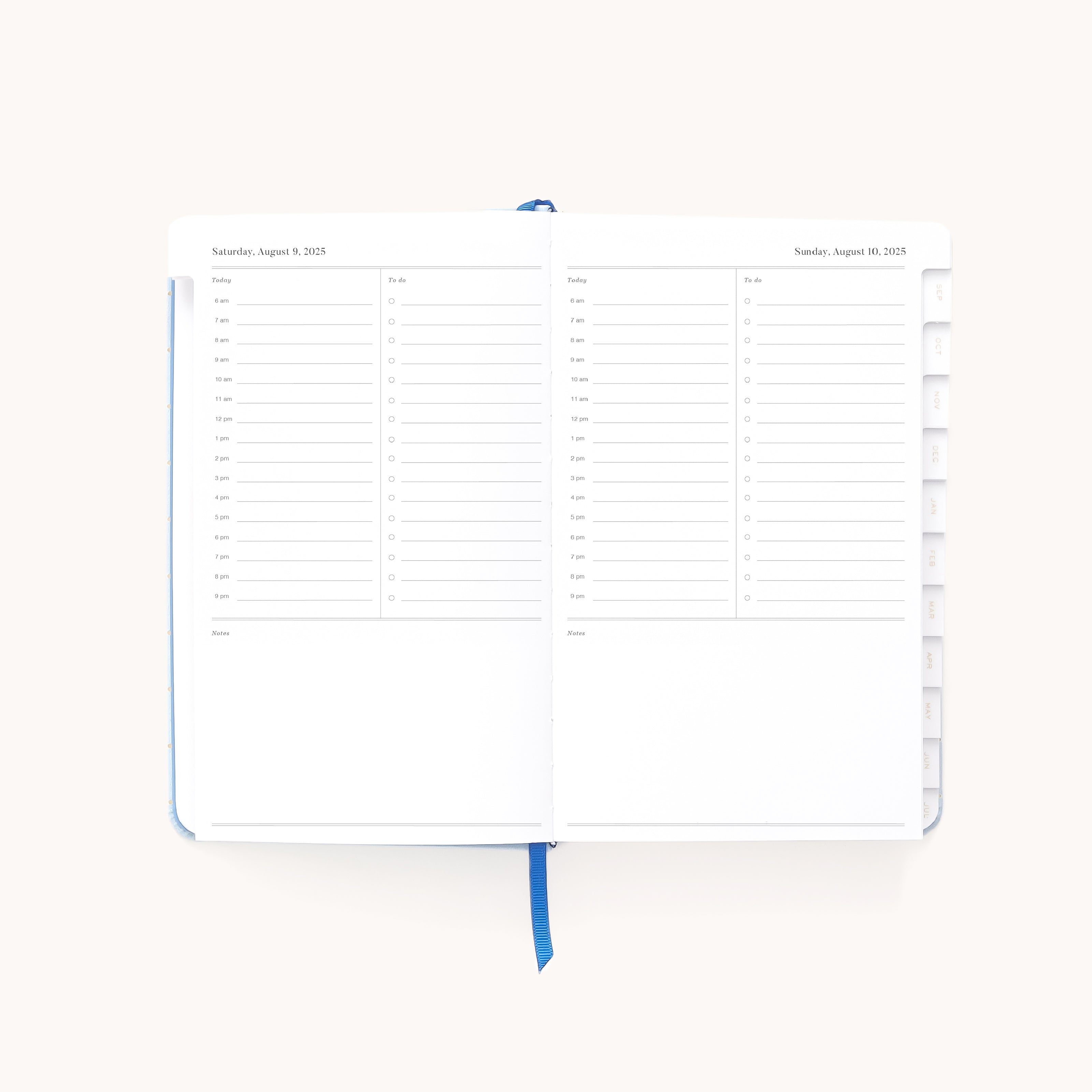 The Simplified 2025-2026 Bookbound Daily Dapperdesk Planner in Carolina Dot features a daily layout, including hourly slots from 7 AM to 7 PM, notes section, and a blue ribbon bookmark. Its leatherette cover opens to reveal an organized schedule for August 19-20, 2023.
