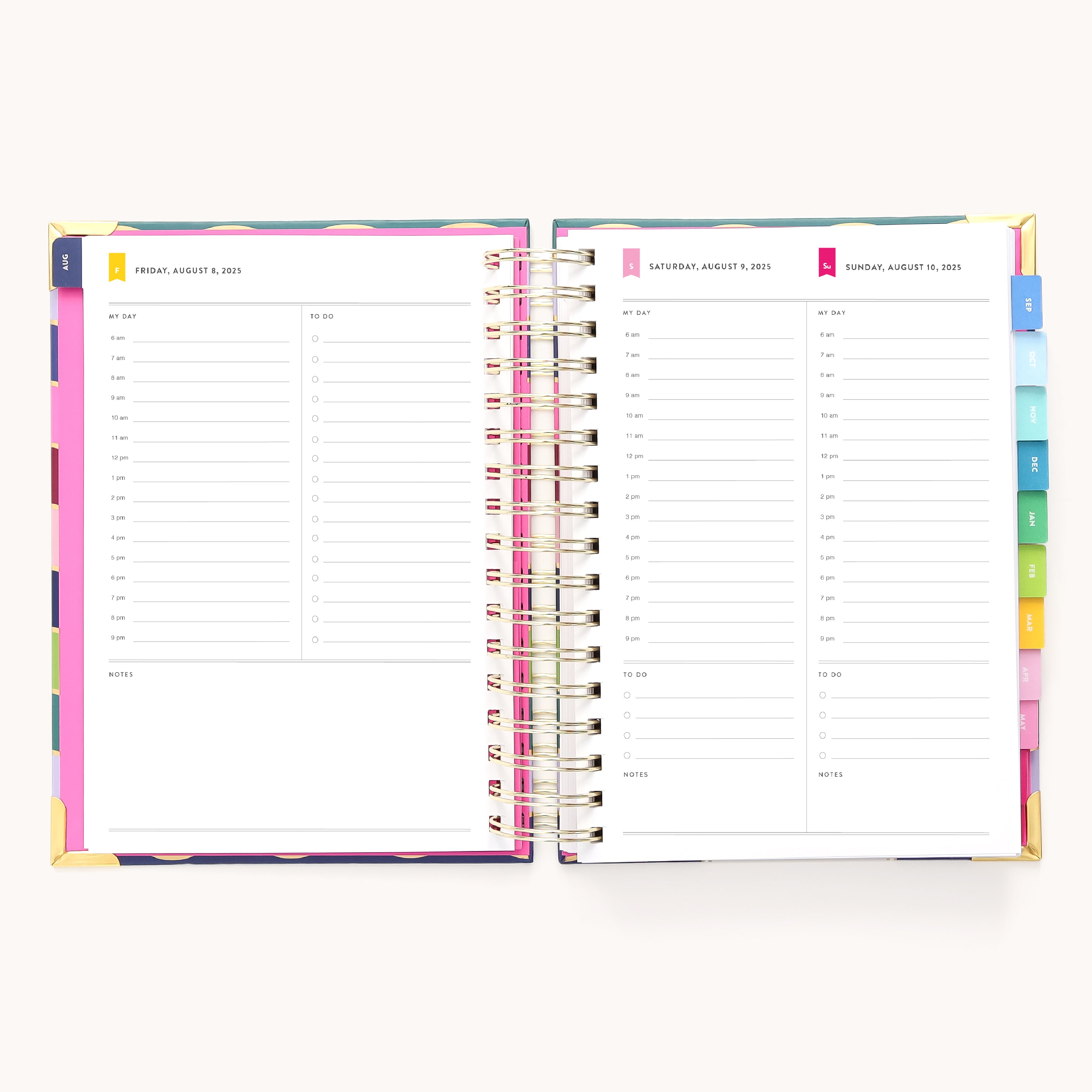 The 2025-2026 Spiral Daily Simplified Planner - Rainbow Row by Simplified showcases daily pages each with time slots from 7 AM to 7 PM and a notes section. Colorful tabs with gold foil accents denote sections, all neatly spiral-bound.