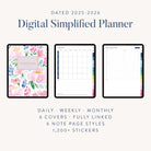 Three iPads display a floral cover, monthly calendar, and daily planner from the Simplified 2025-2026 Digital Simplified Planner. This stylish PDF by Simplified offers multiple covers, linked pages, note styles, and stickers.