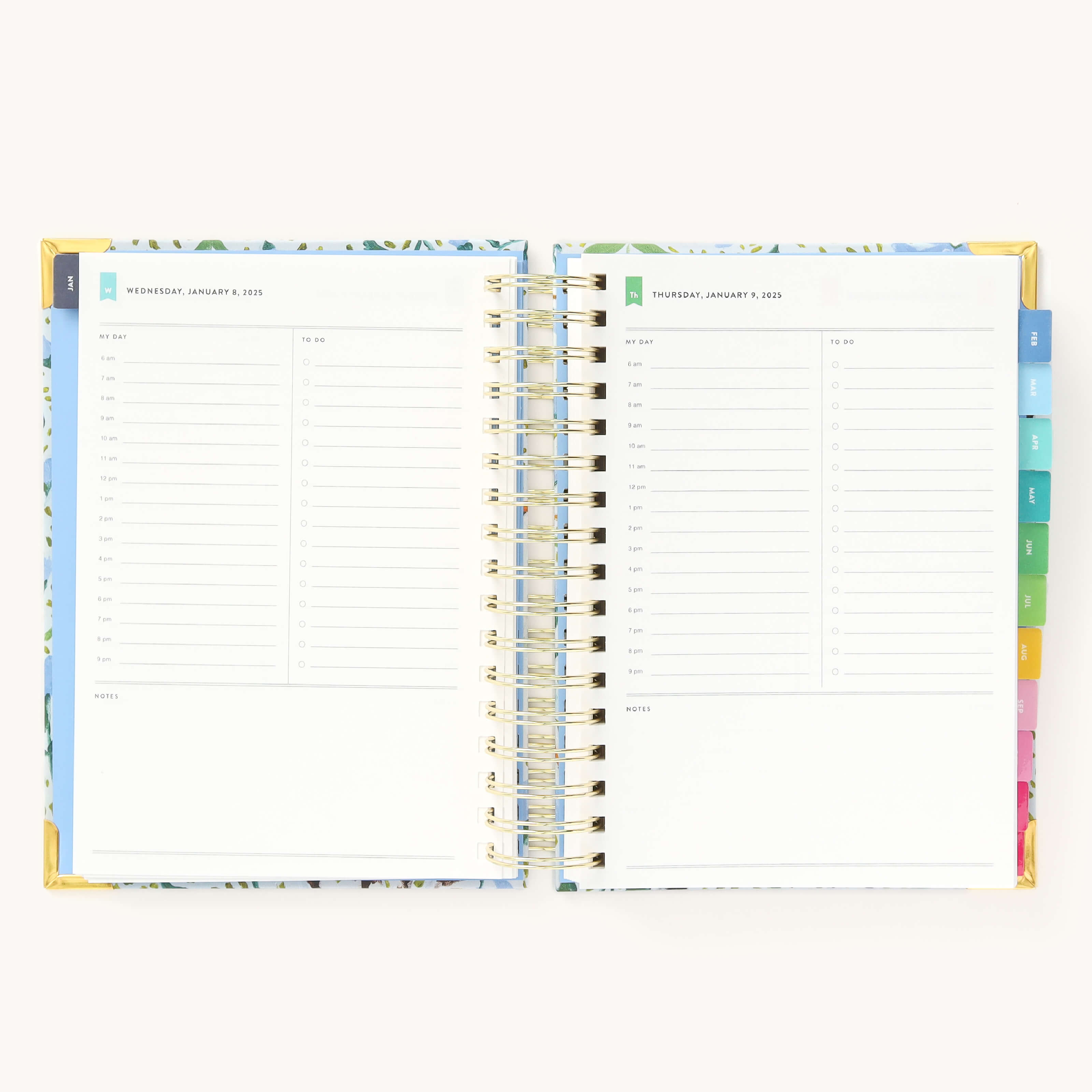 2025 Daily Simplified Planner by Emily Ley in the Beaufort Birdies cover design open to a two-page daily spread featuring Wednesday and Thursday. Features a clean, minimalistic design with lined sections for daily tasks, to-do lists, and notes. Includes color-coded weekday labels, durable spiral binding, and gold corner protectors.