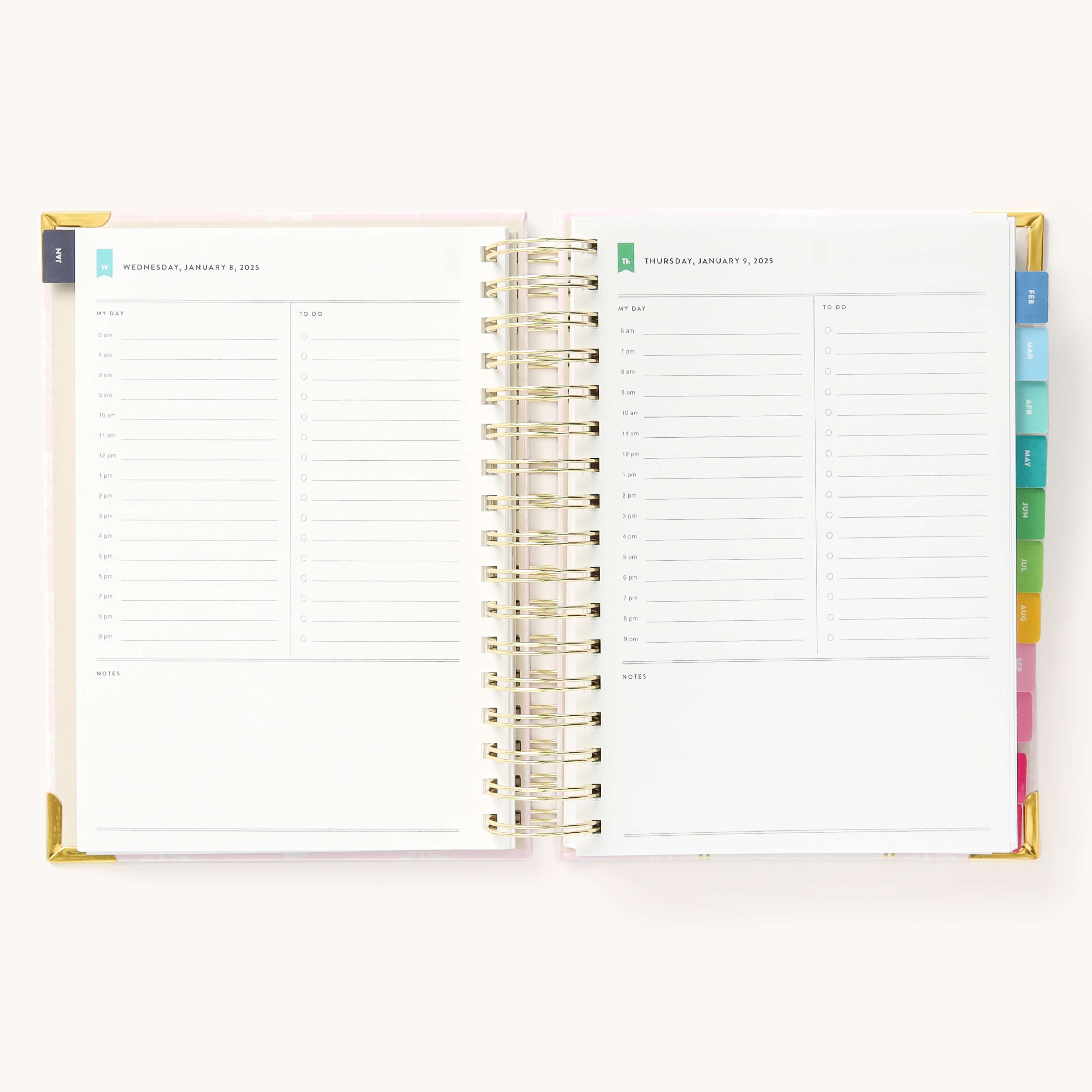 2025 Daily Simplified Planner by Emily Ley in the Blush Block cover design open to a two-page daily spread featuring Wednesday and Thursday. Features a clean, minimalistic design with lined sections for daily tasks, to-do lists, and notes. Includes color-coded weekday labels, durable spiral binding, and gold corner protectors.