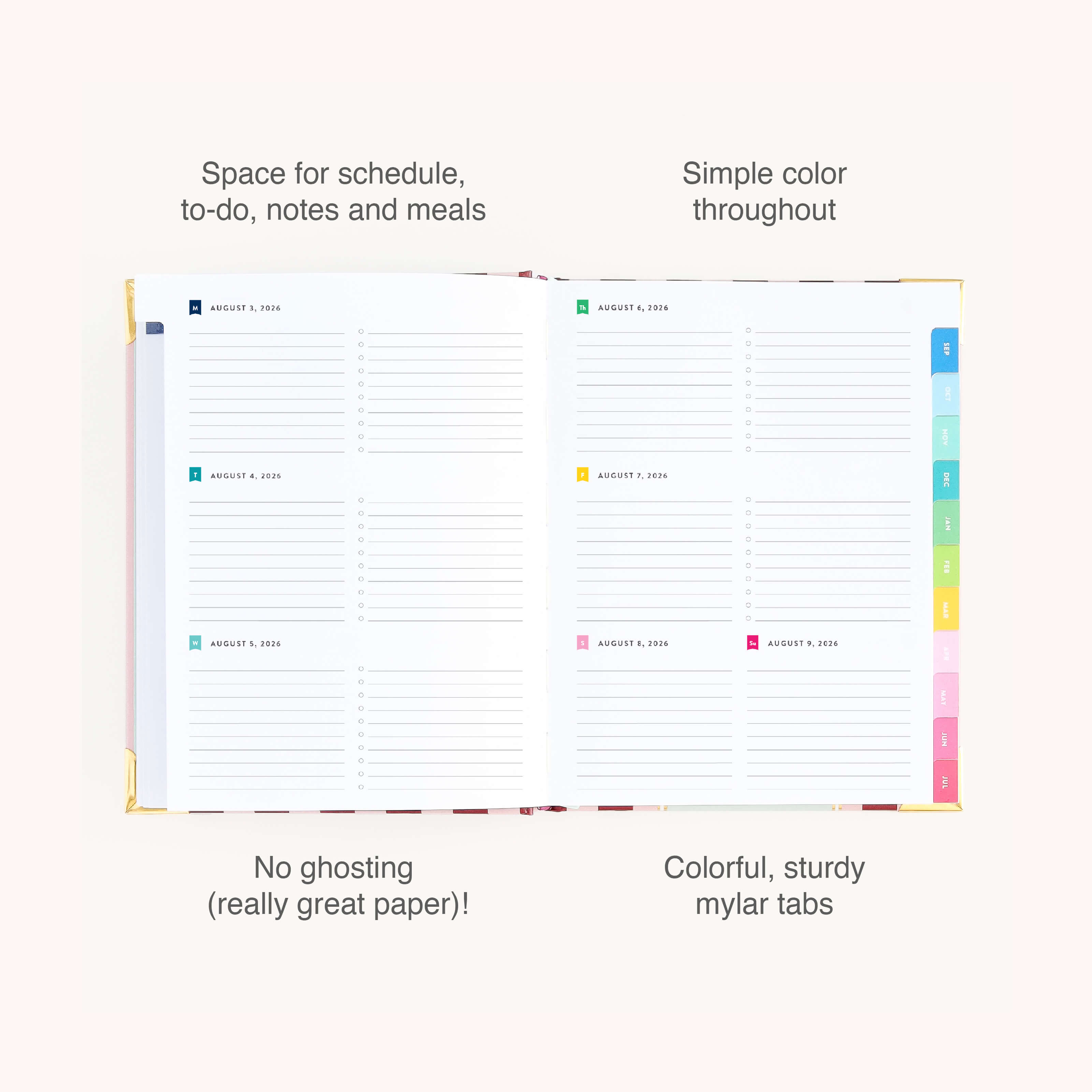 The 2026-2027 Bookbound Weekly Simplified Planner - Berry Stripe by Simplified features lined pages for schedules and notes, colorful mylar tabs, lay-flat binding, organized sections, and paper that prevents ghosting.