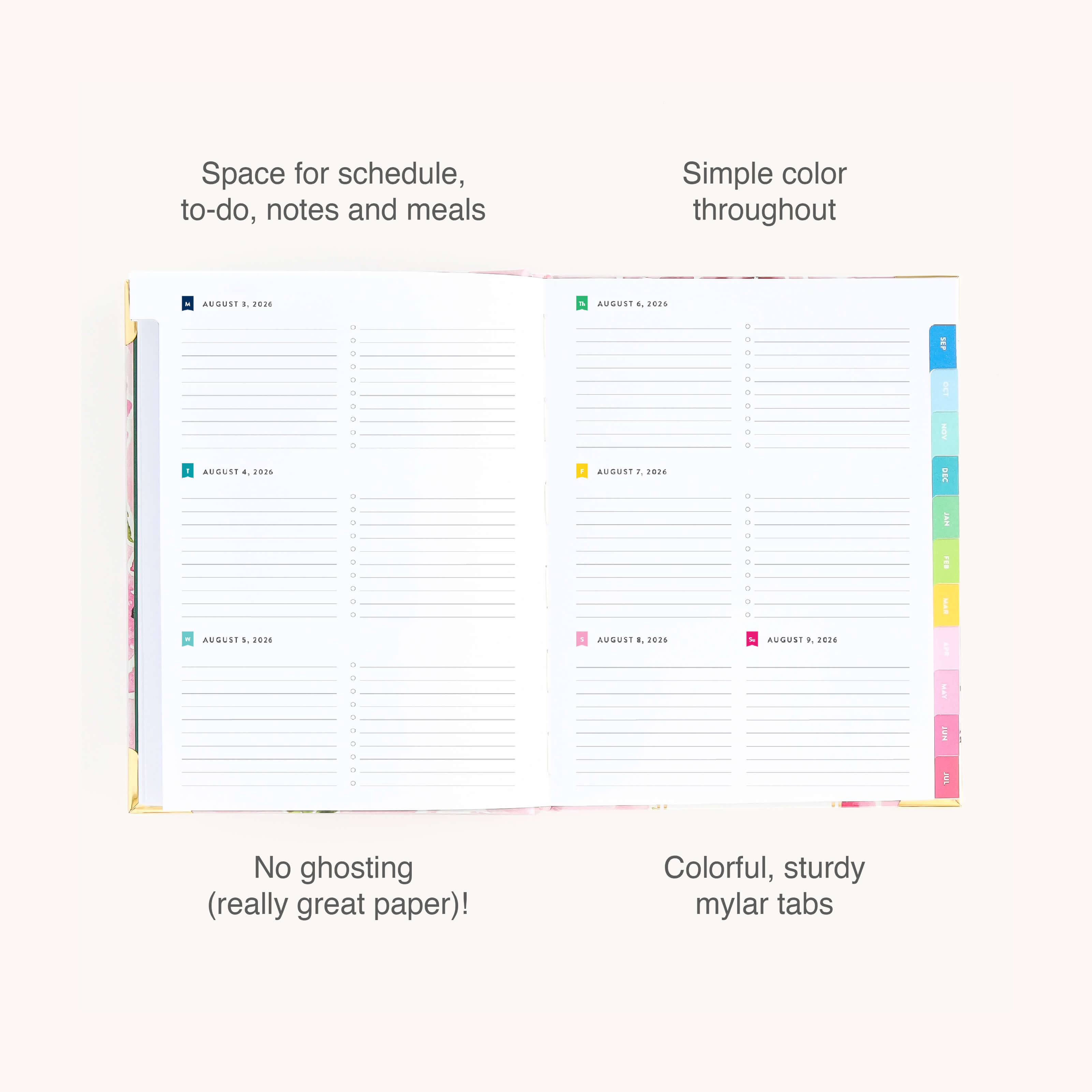 The 2026-2027 Bookbound Weekly Simplified Planner - Blush Hydrangea by Simplified features lined pages for schedules and notes, colorful mylar tabs, lay-flat binding, organized sections, and paper that prevents ghosting.