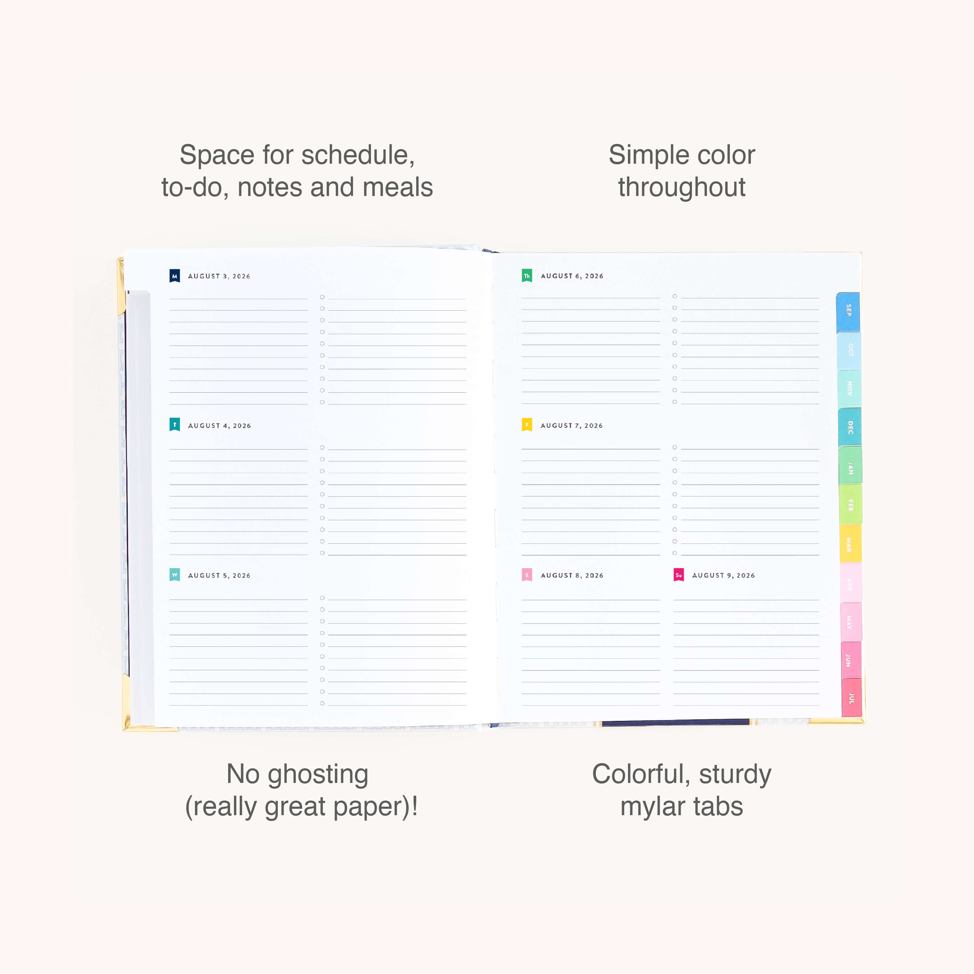 The 2026-2027 Bookbound Weekly Simplified Planner - Carolina Trellis by Simplified features lined pages for schedules and notes, colorful mylar tabs, lay-flat binding, organized sections, and paper that prevents ghosting.