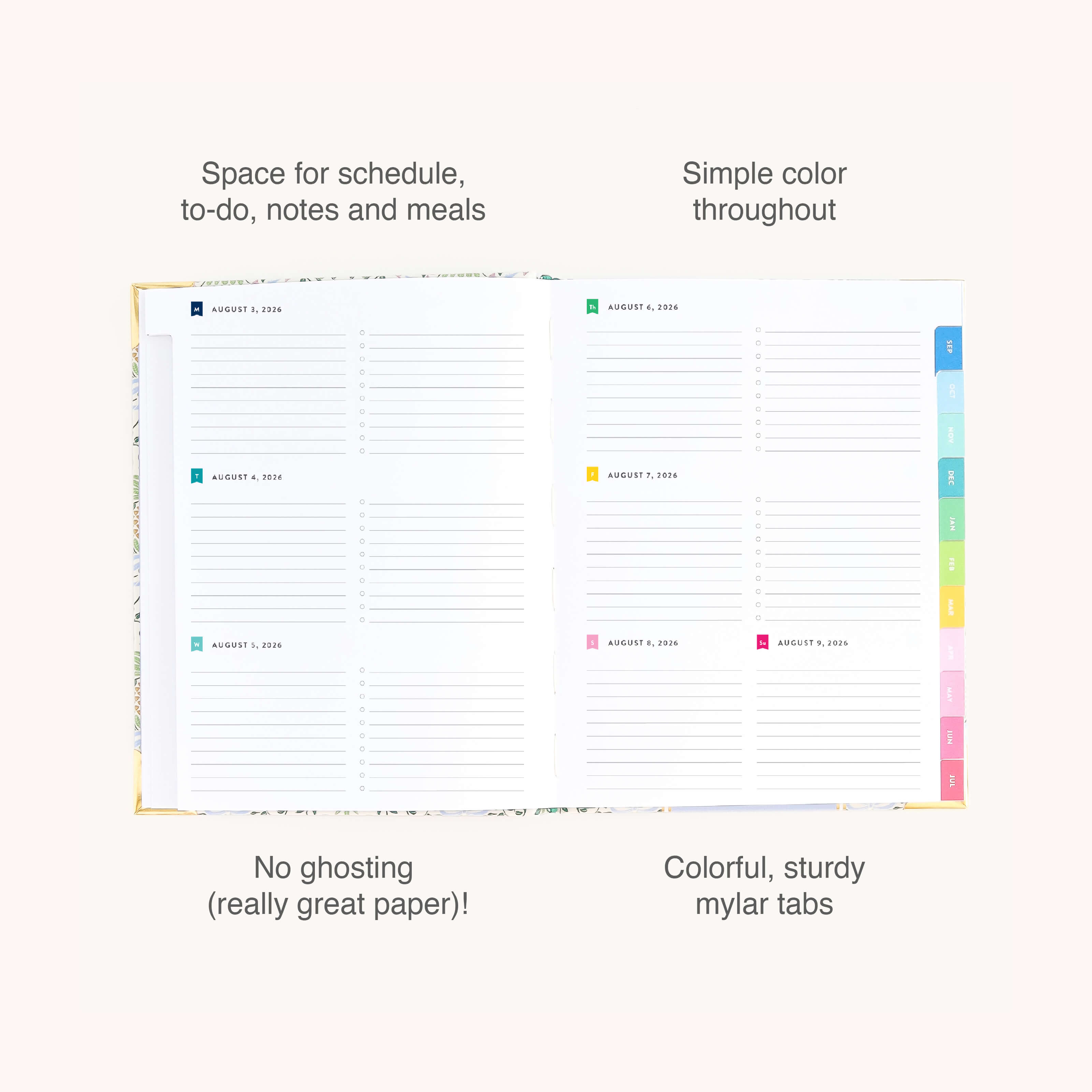 The 2026-2027 Bookbound Weekly Simplified Planner - Pineapple Charm by Simplified features lined pages for schedules and notes, colorful mylar tabs, lay-flat binding, organized sections, and paper that prevents ghosting.