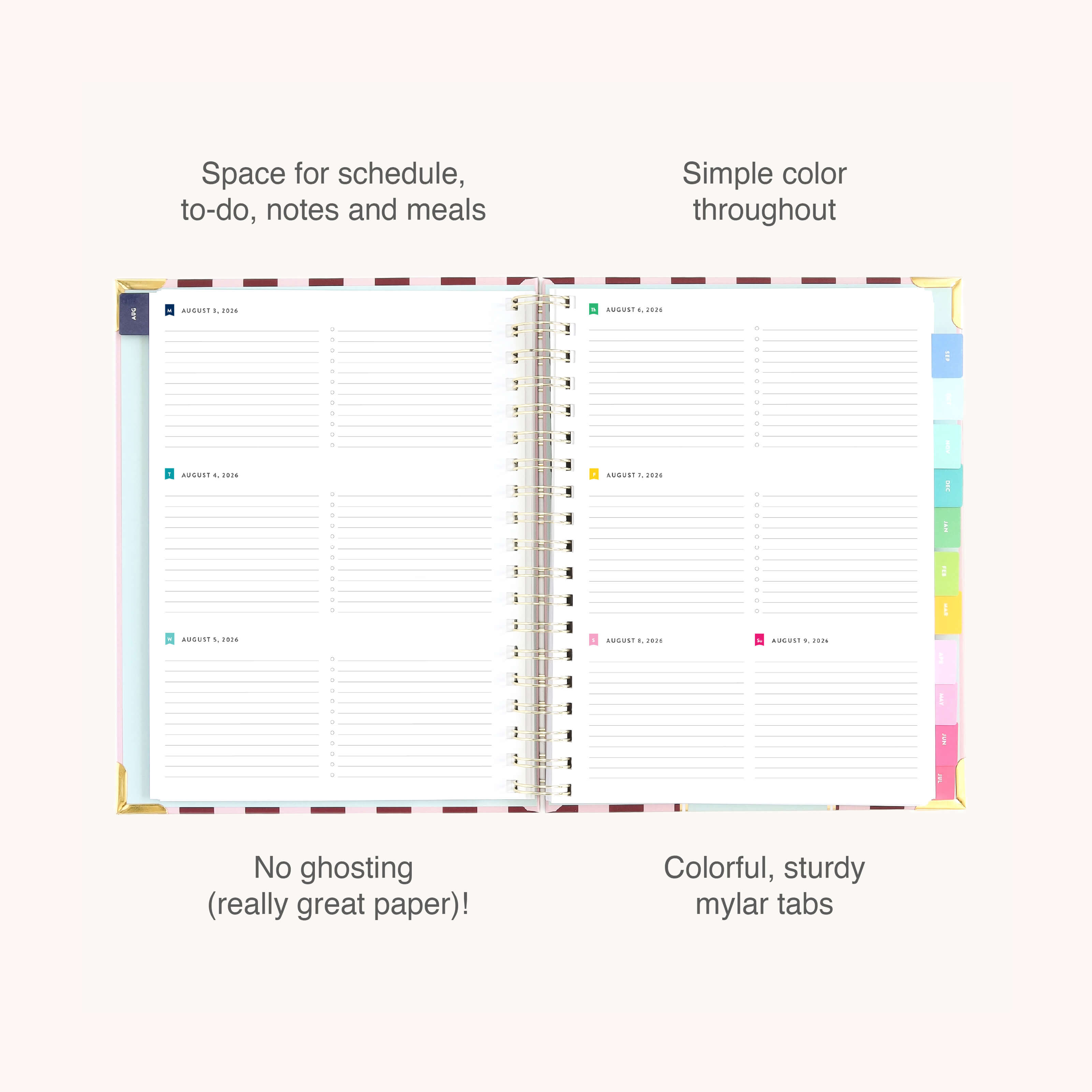 The 2026-2027 Spiral Weekly Simplified Planner - Berry Stripe by Simplified features lined pages for scheduling, to-do lists, notes, and meals, plus colorful mylar tabs and gold corners—combining sturdy paper with a simple design.
