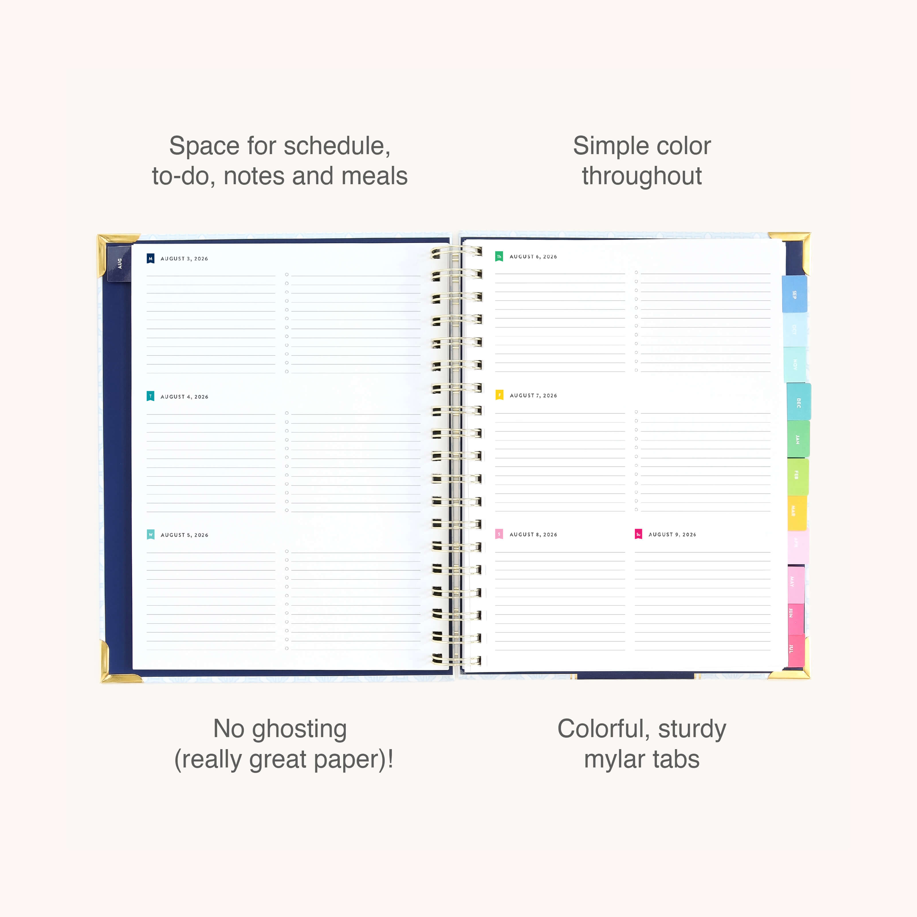 The 2026-2027 Spiral Weekly Simplified Planner - Carolina Trellis by Simplified features lined pages for scheduling, to-do lists, notes, and meals, plus colorful mylar tabs and gold corners—combining sturdy paper with a simple design.