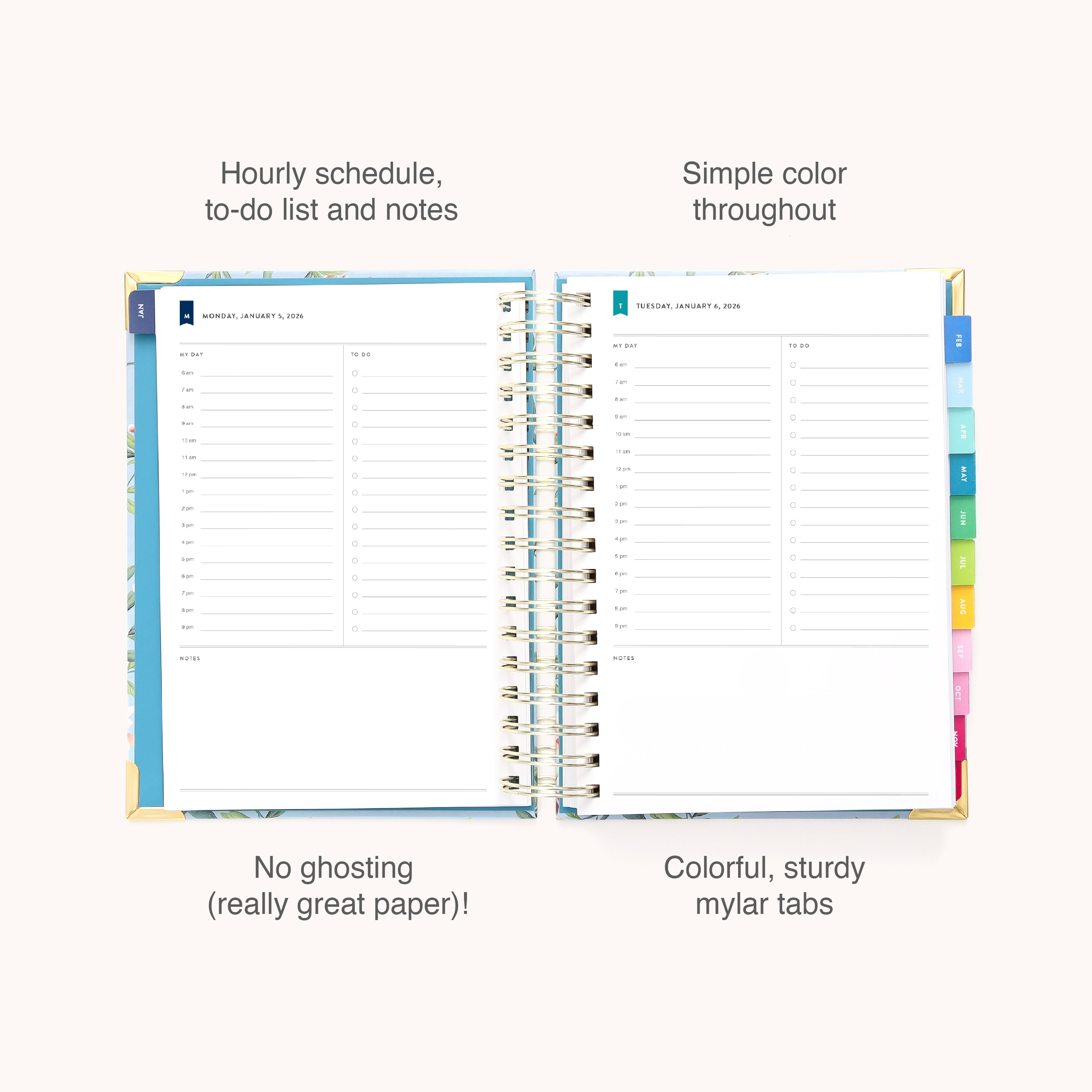 The 2026 Spiral Daily Simplified Planner - Faraway Land by Simplified features blue and white hourly schedule pages, colorful tab dividers, sturdy mylar tabs, and a classic no-ghosting layout in the beloved Simplified style.