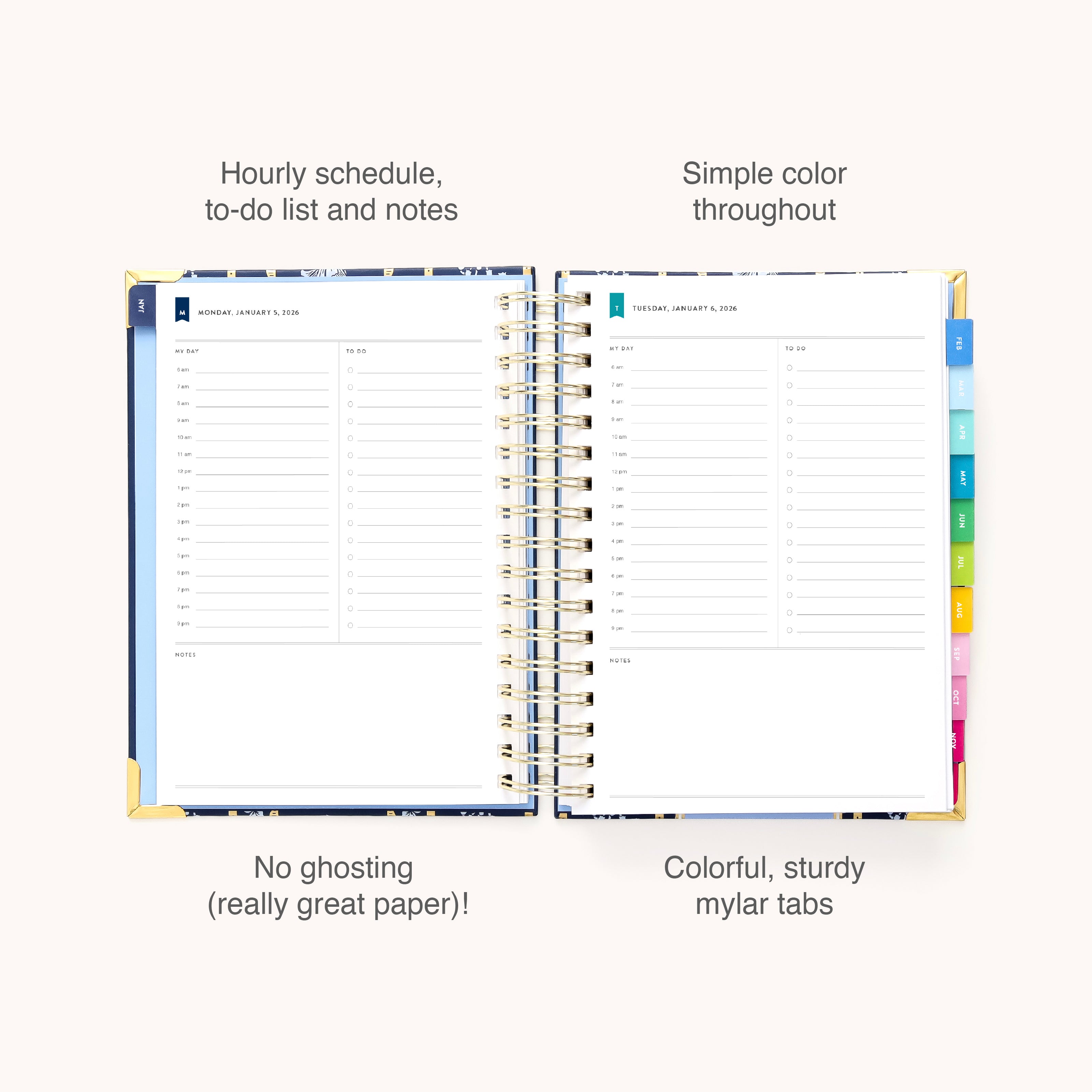The 2026 Spiral Daily Simplified Planner - Poppy Posies by Simplified shows hourly schedules, to-do lists, and notes on sturdy paper with colorful mylar tabs—no ink ghosting, just simple style for all your planning needs.
