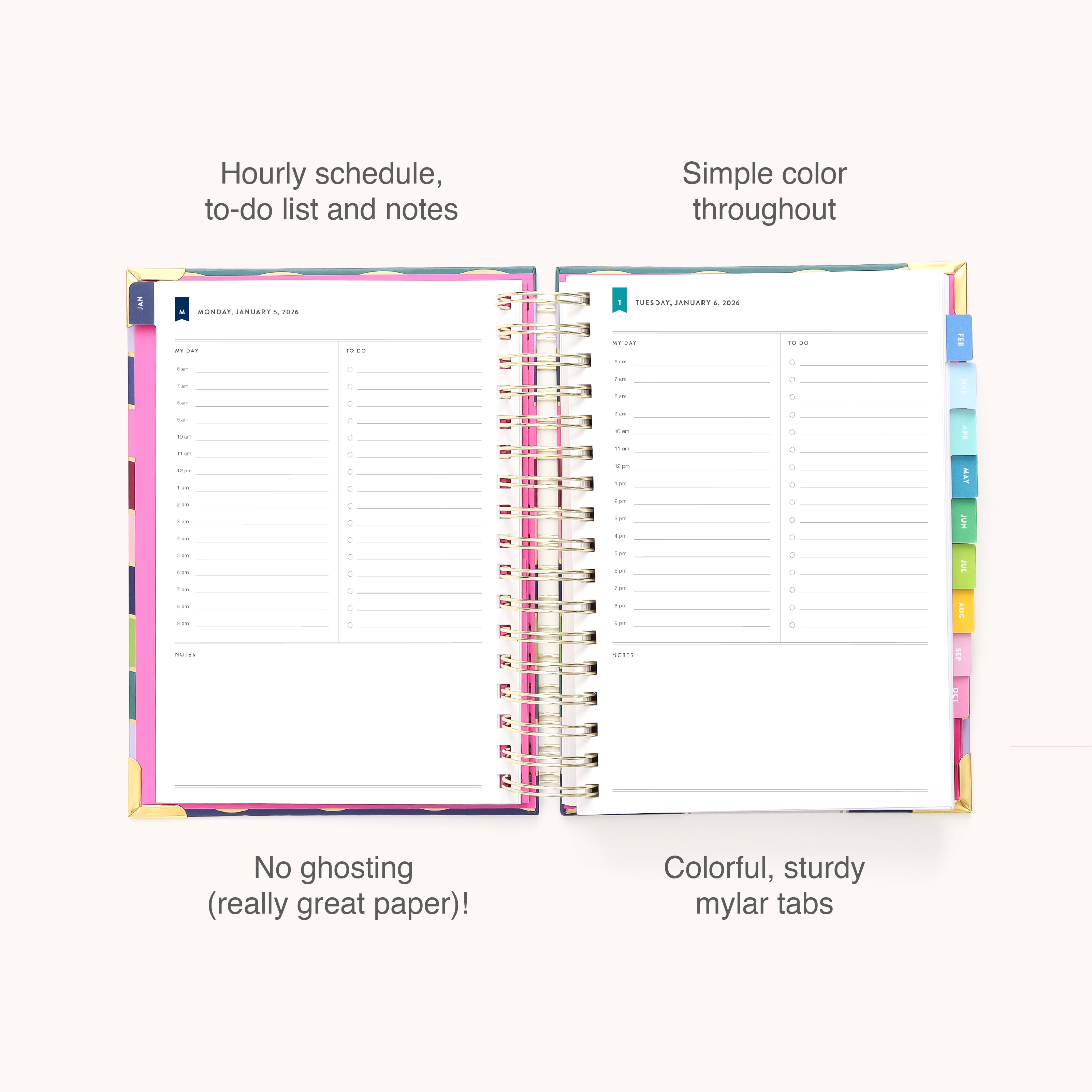 The 2026 Spiral Daily Simplified Planner - Rainbow Row by Simplified displays two pages with hourly schedules, to-do lists, notes, durable mylar tabs, quality paper with no ink ghosting—ideal for organized 12-month planning.