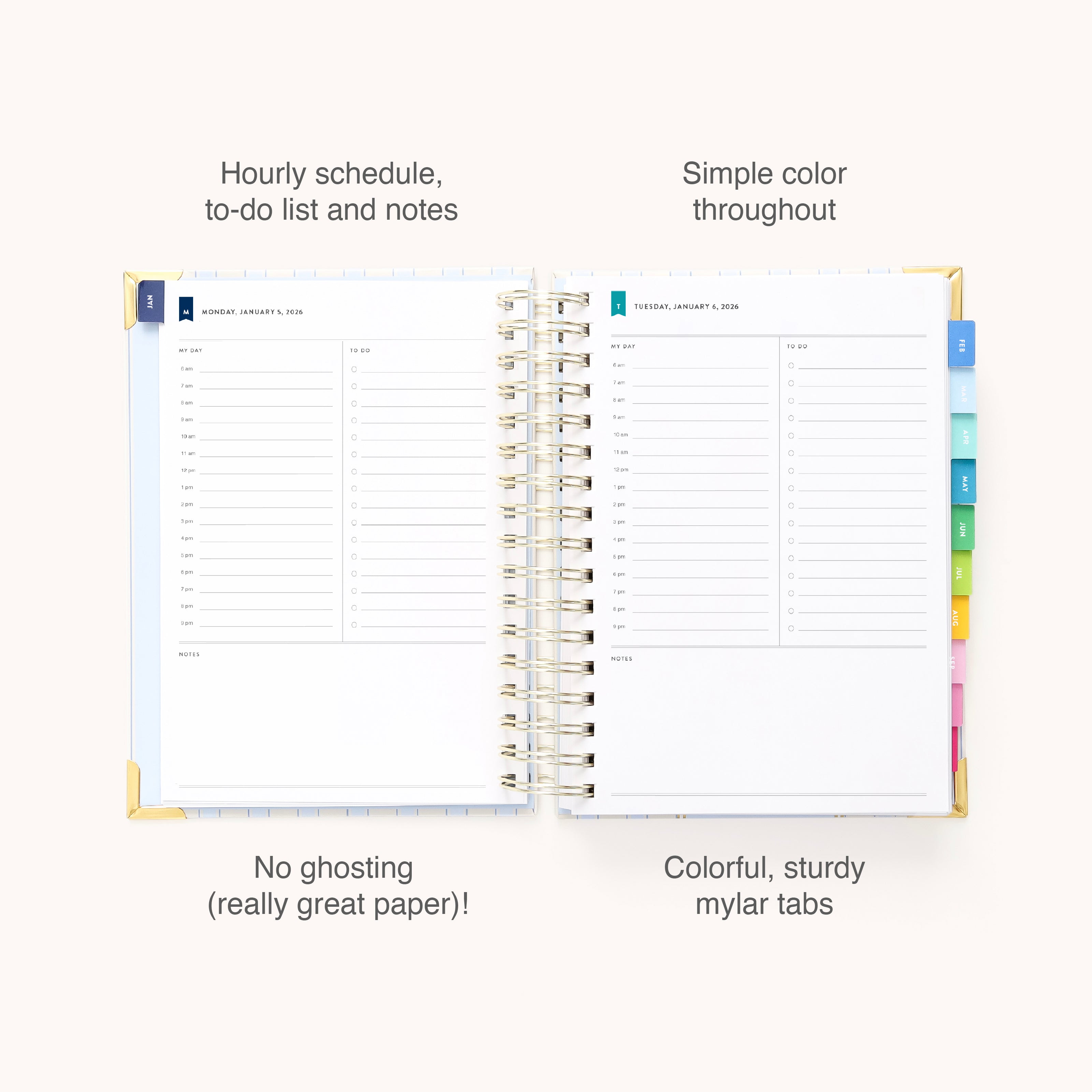The Simplified 2026 Spiral Daily Simplified Planner - Serene Stripe features hourly scheduling, to-do lists, notes, sturdy color mylar tabs, quality no-ghosting paper, and a clean design for easy and organized daily planning.