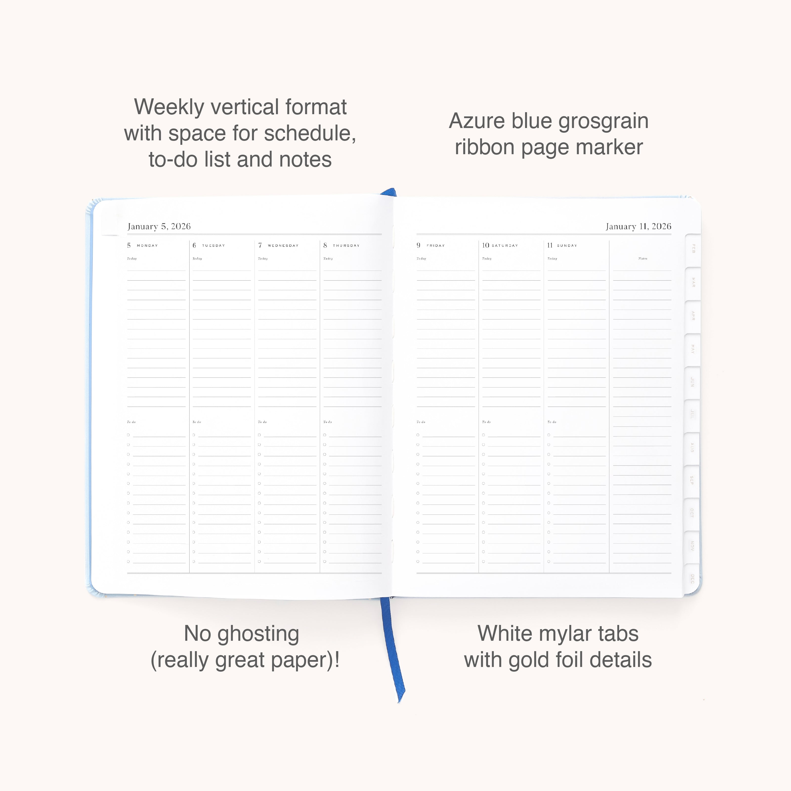 The 2026 Bookbound Weekly Dapperdesk Planner - Carolina Dot by Simplified features a vertical layout with lined spaces for schedules, to-do lists, and notes, a leatherette cover, gold-detailed mylar tabs, azure blue ribbon marker, and no-ghosting paper.