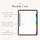 The Simplified 2025-2026 Digital Simplified Planner for iPads shows an annotated August 2025 calendar with links to daily and weekly views, plus a new simplicity tip each month—all in a sleek digital design.