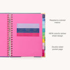 The 2025-2026 Rainbow Row Spiral Weekly Simplified Planner by Simplified boasts a colorful design with gold foil details, organized pages, and right-side colored tab dividers. It includes lined stickers in the front pocket for easy access and has a vibrant inner cover.