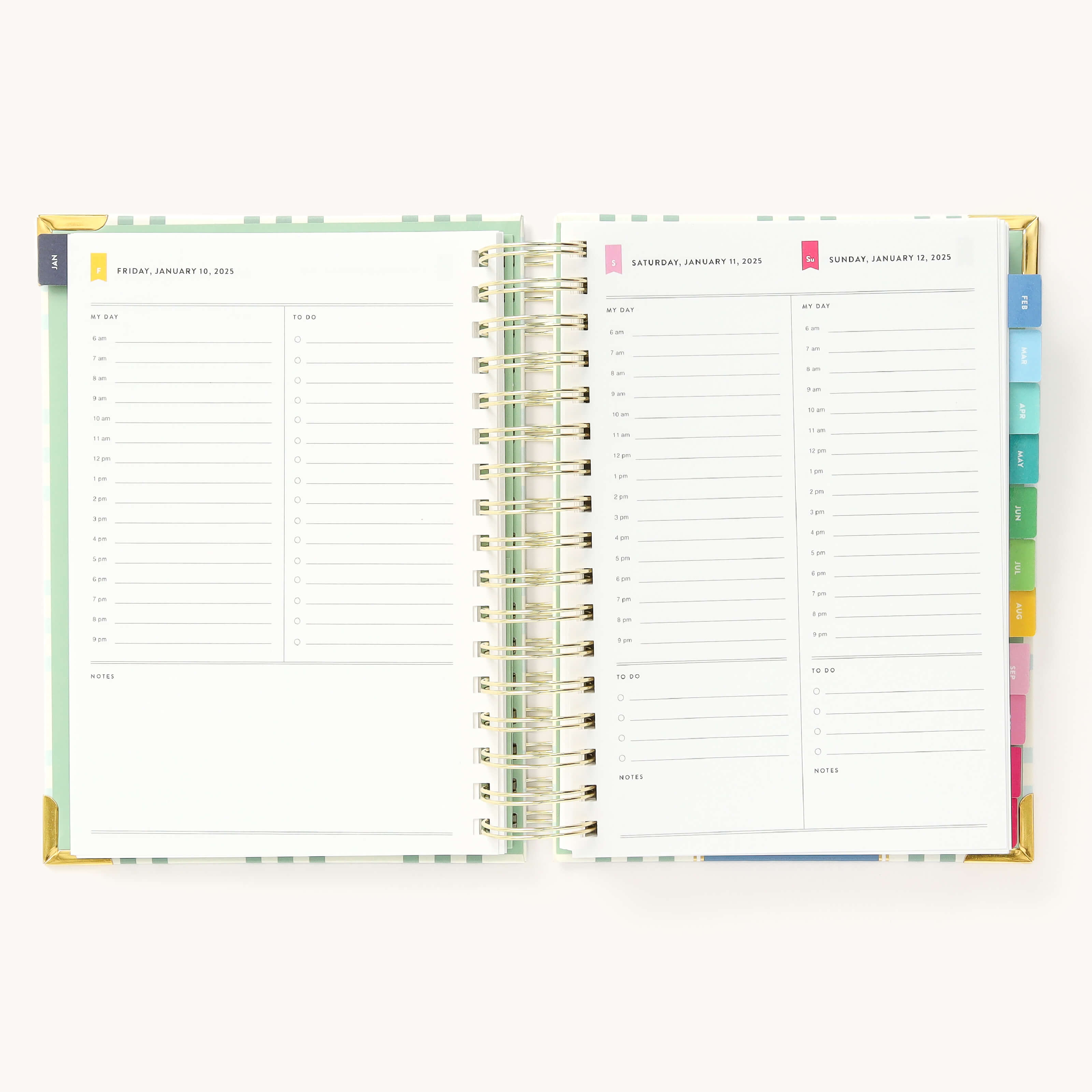 2025 Daily Simplified Planner by Emily Ley in the Pistachio Plaid cover design open to a two-page weekend spread. Features a clean, minimalistic design with lined sections for daily tasks, to-do lists, and notes. Includes color-coded weekday labels, durable spiral binding, and gold corner protectors.