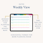 The Simplified 2025-2026 Digital Teacher Planner for iPads displays a horizontal weekly school view (Mon-Fri) with colorful tabs to switch to month view, making it an ideal PDF planner for teachers.