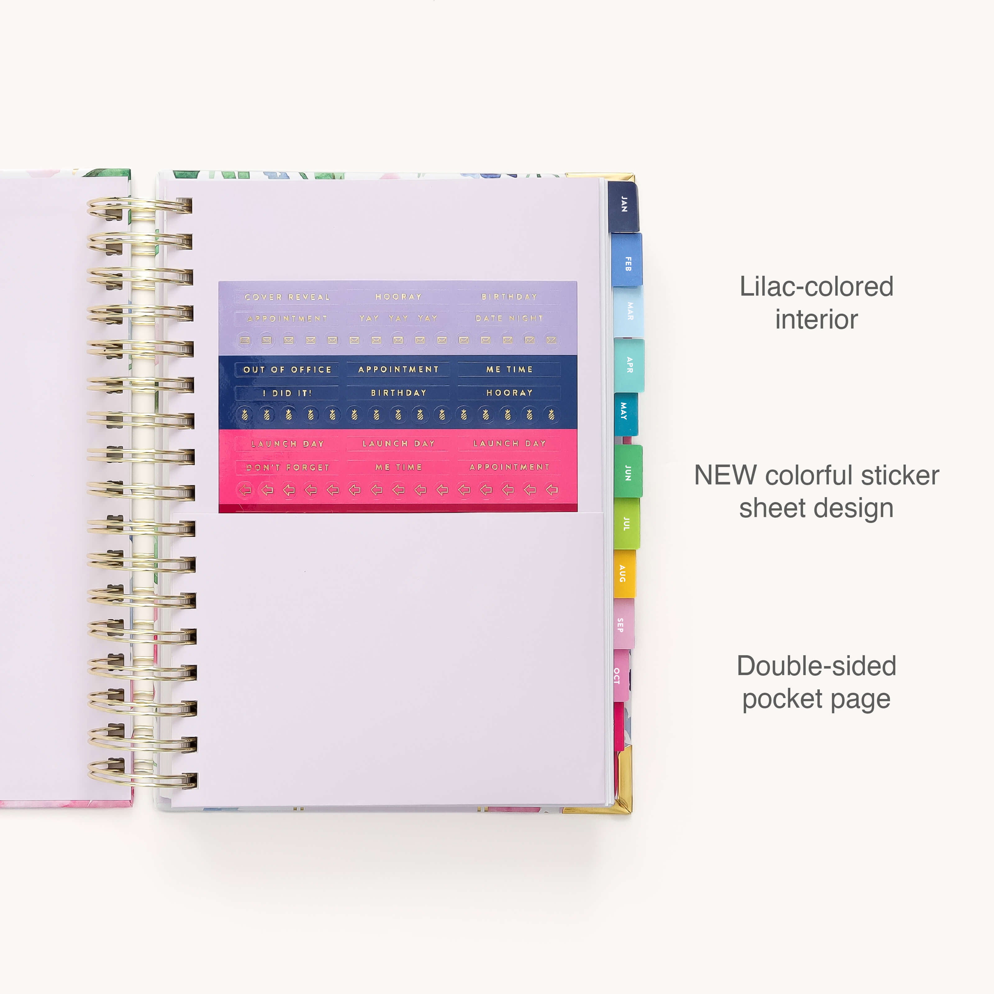 The 2026 Spiral Daily Simplified Planner - Cottage Floral by Simplified features a lilac interior, vibrant sticker sheet with labels like ME TIME and APPOINTMENT, plus double-sided tabbed pocket pages—highlights shown on the right.