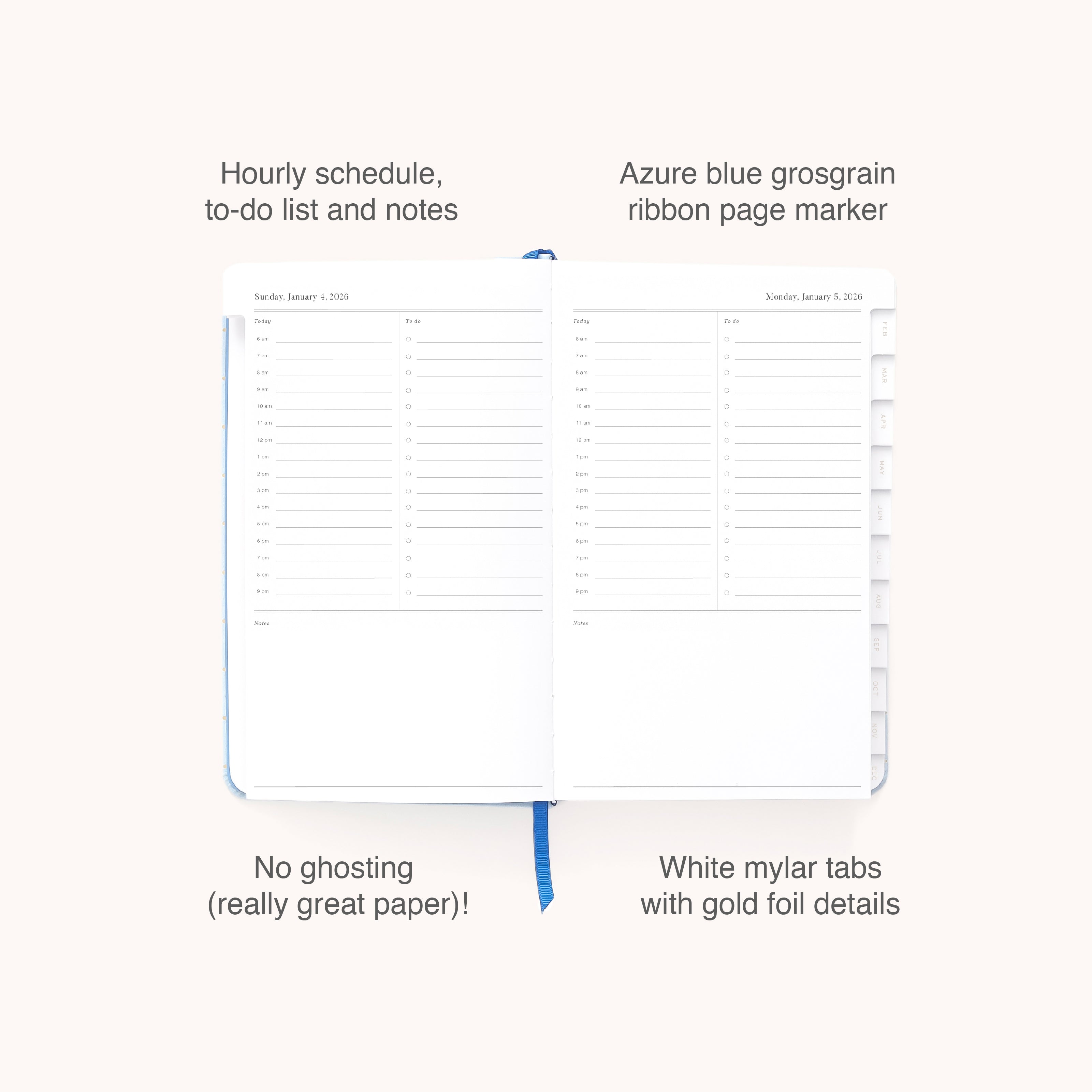 The 2026 Bookbound Daily Dapperdesk Planner - Carolina Dot by Simplified displays hourly schedules, to-do lists, and notes. Features include an azure blue ribbon marker, gold-detailed mylar tabs, a leatherette cover, and anti-ghosting paper.