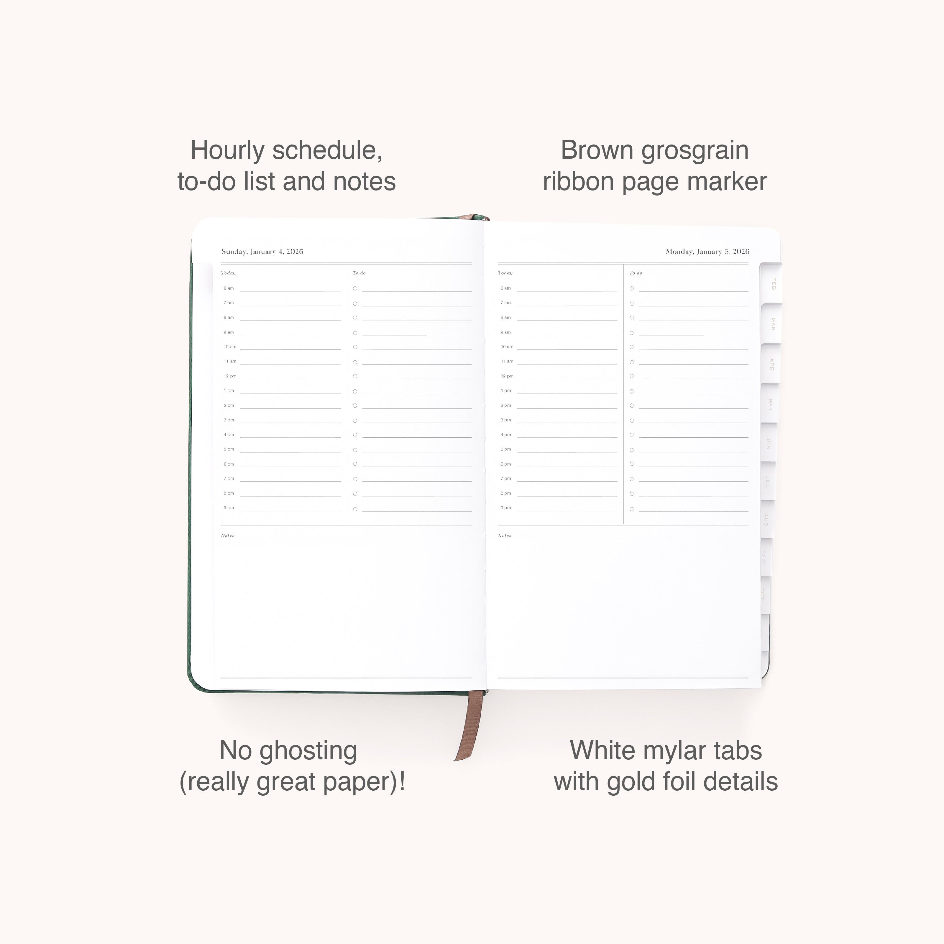 The Simplified 2026 Bookbound Daily Dapperdesk Planner in Evergreen features an hourly schedule, to-do list, notes, durable leatherette cover, brown grosgrain ribbon page marker, gold foil mylar tabs, and no-ghosting high-quality paper.