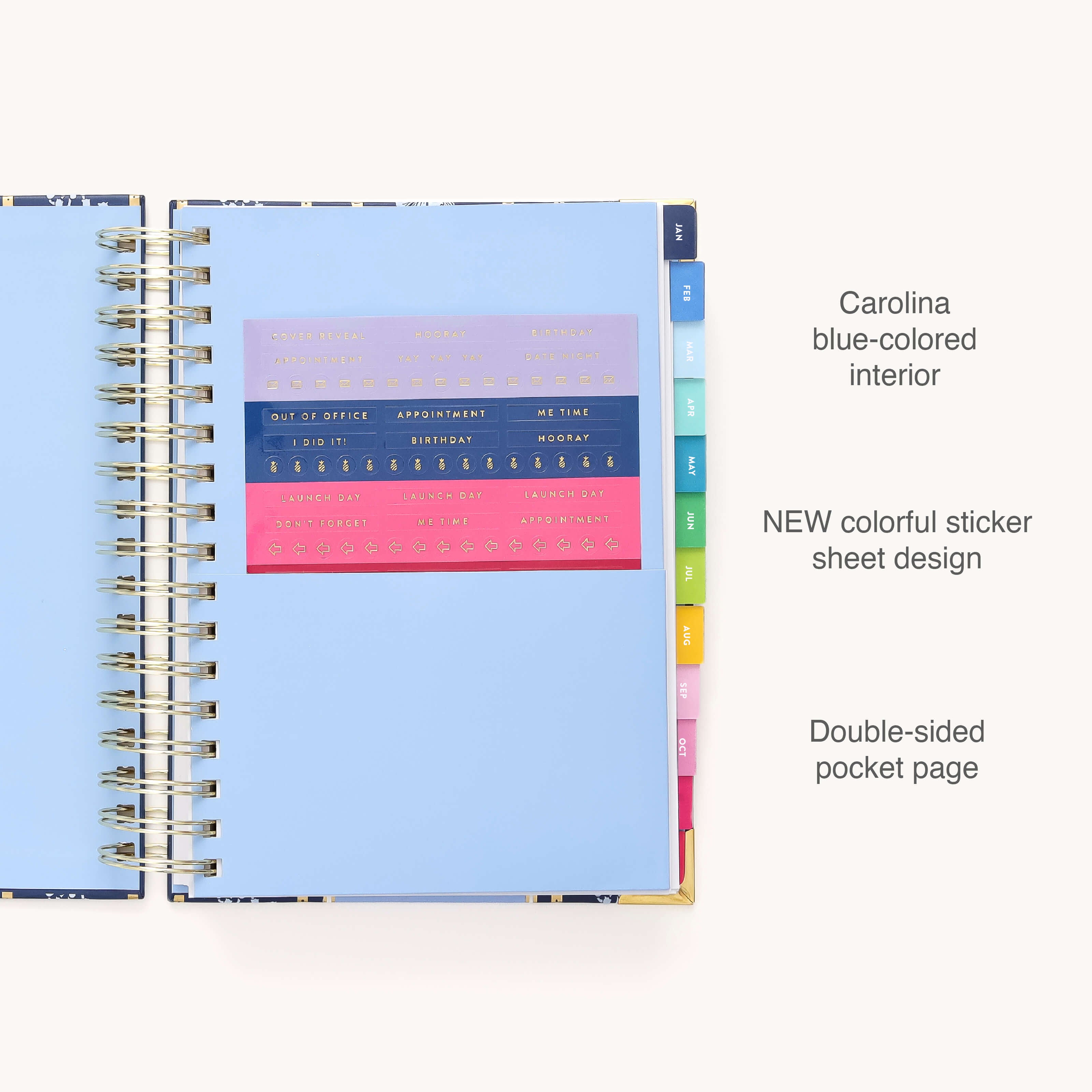 An open 2026 Spiral Daily Simplified Planner - Poppy Posies by Simplified with a Carolina blue interior, new colorful sticker sheet design on the left, labeled dividers on the right, and a double-sided pocket page.