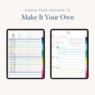 Two iPads display the Simplified 2025-2026 Digital Teacher Planner: one screen shows a customizable checklist of names and tasks, the other a color-coded profile page. Text above reads, “Make It Your Own” with this digital planner for iPads.